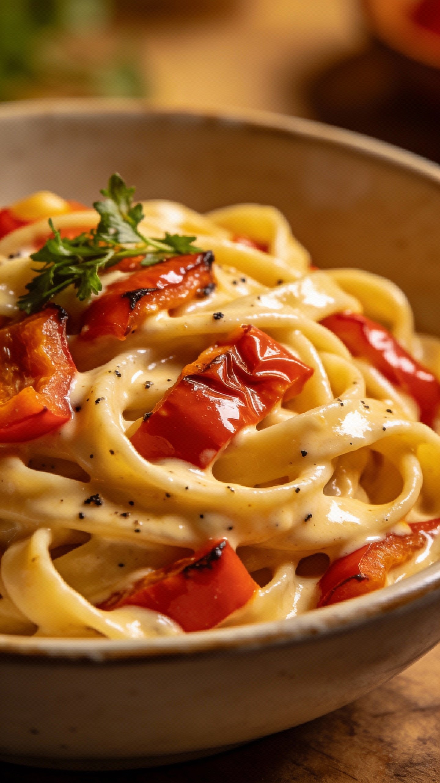 closeup bowl of roasted red pepper alfredo fettuccine