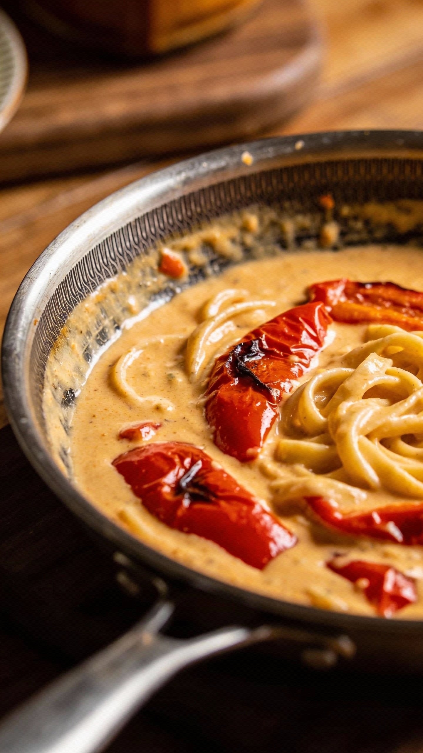 sauté pan with creamy roasted red pepper alfredo sauce