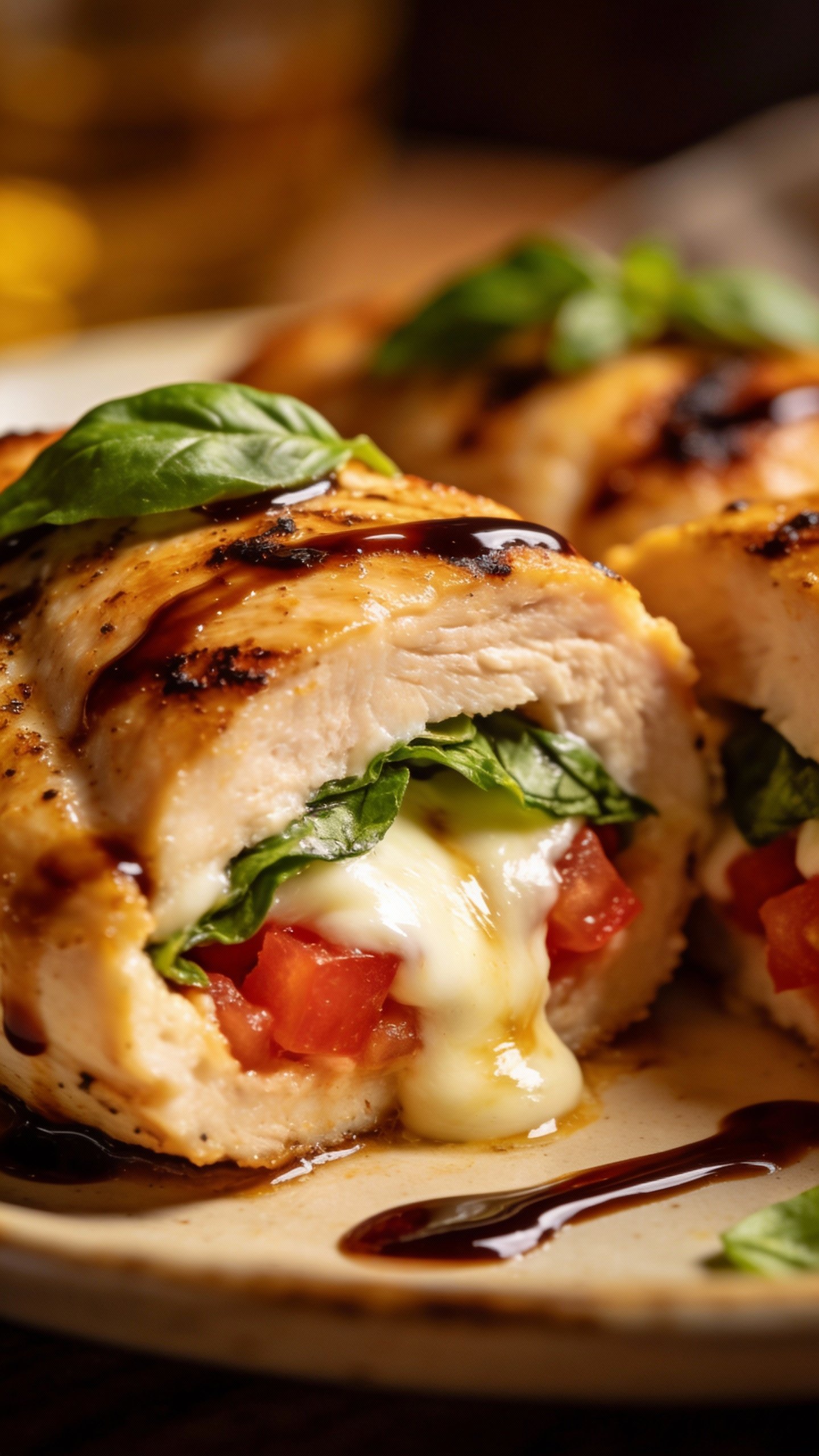 closeup caprese-stuffed chicken breast with balsamic drizzle