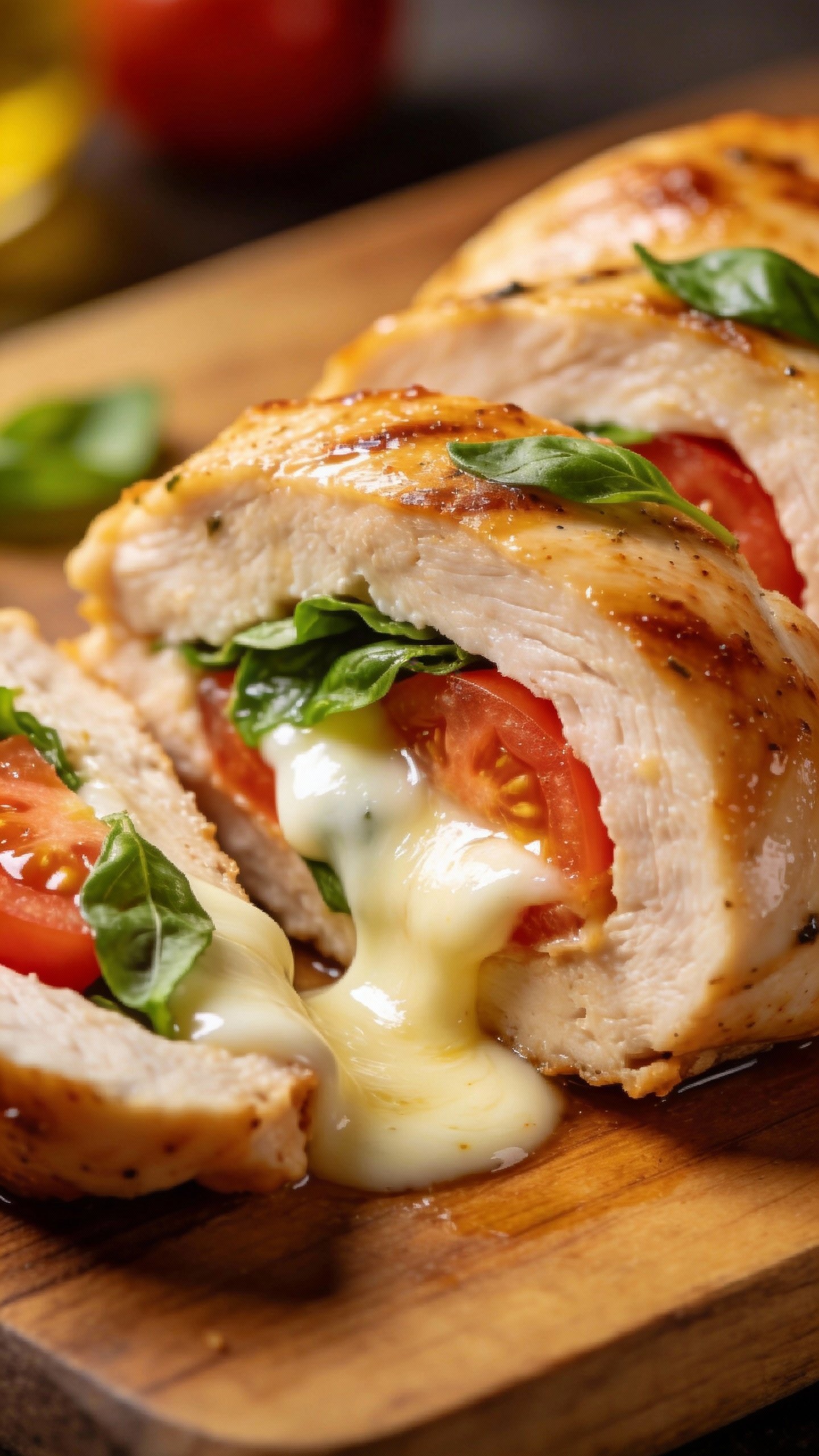 sliced caprese-stuffed chicken breast showing melted mozzarella