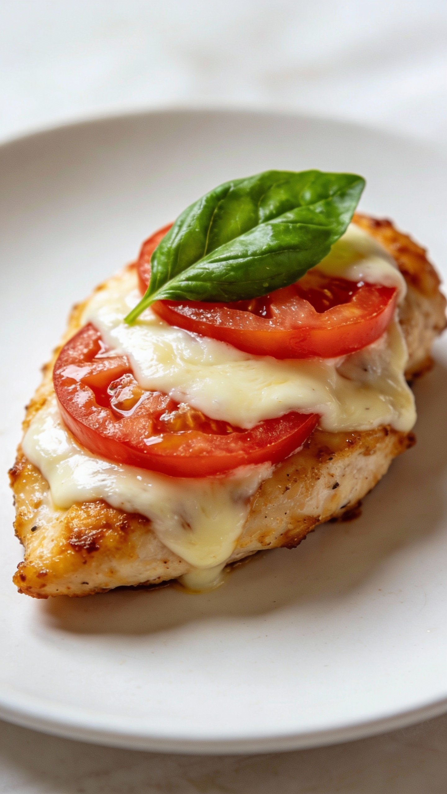 single basil-topped caprese chicken breast on white plate