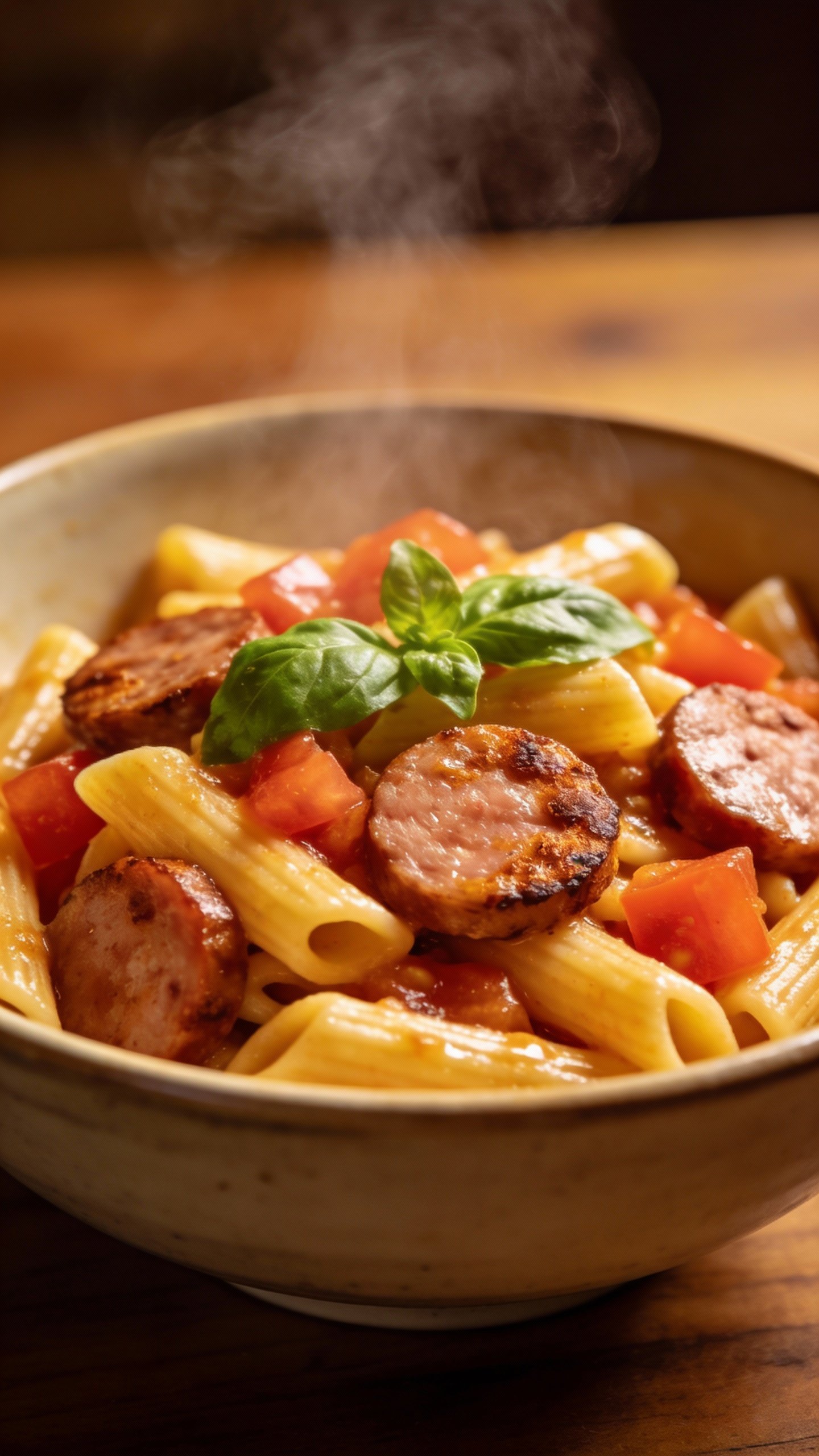 steaming bowl of one-pot Italian sausage pasta, shallow depth