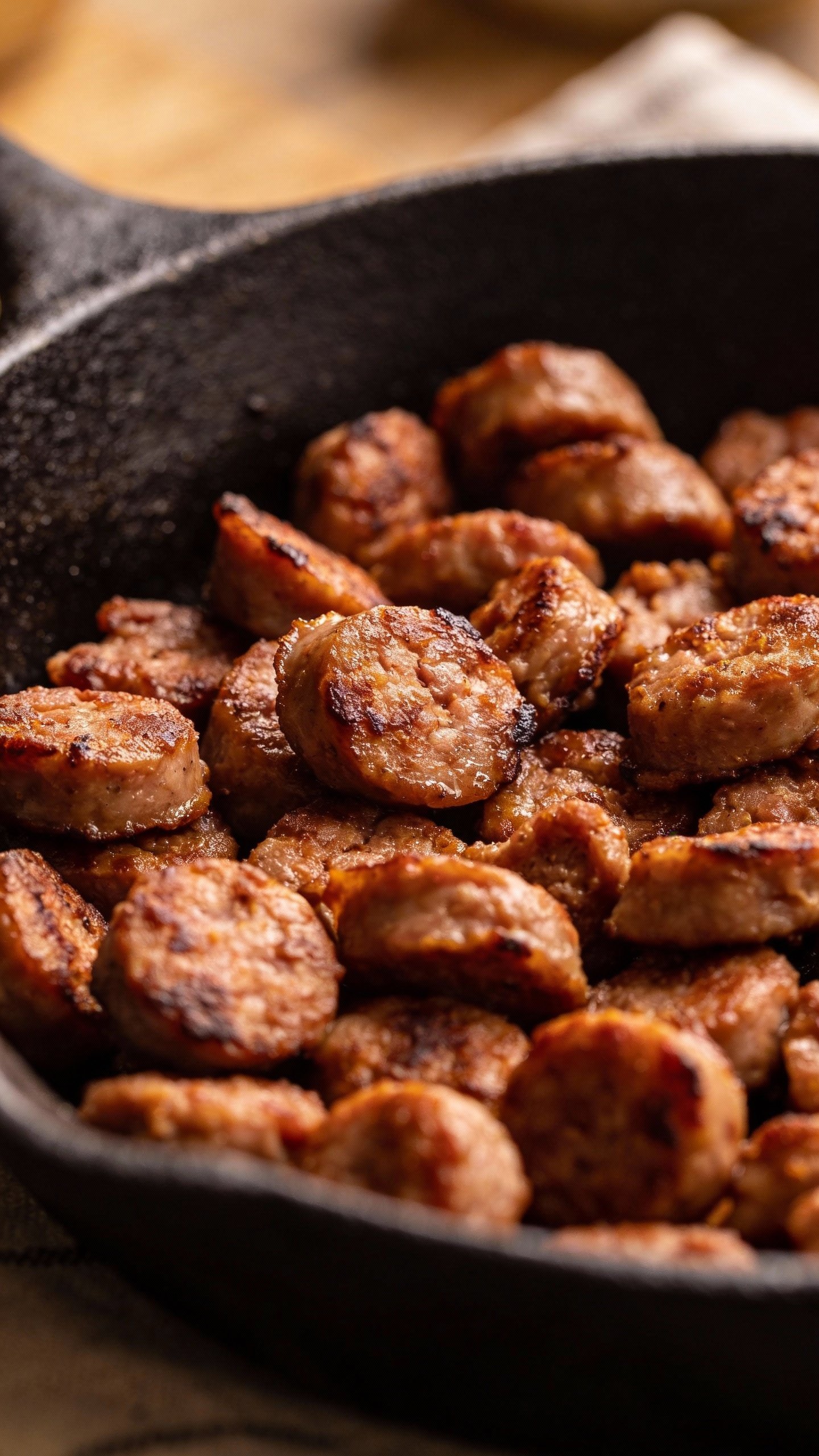 closeup browned hot Italian sausage crumbles in cast-iron skillet