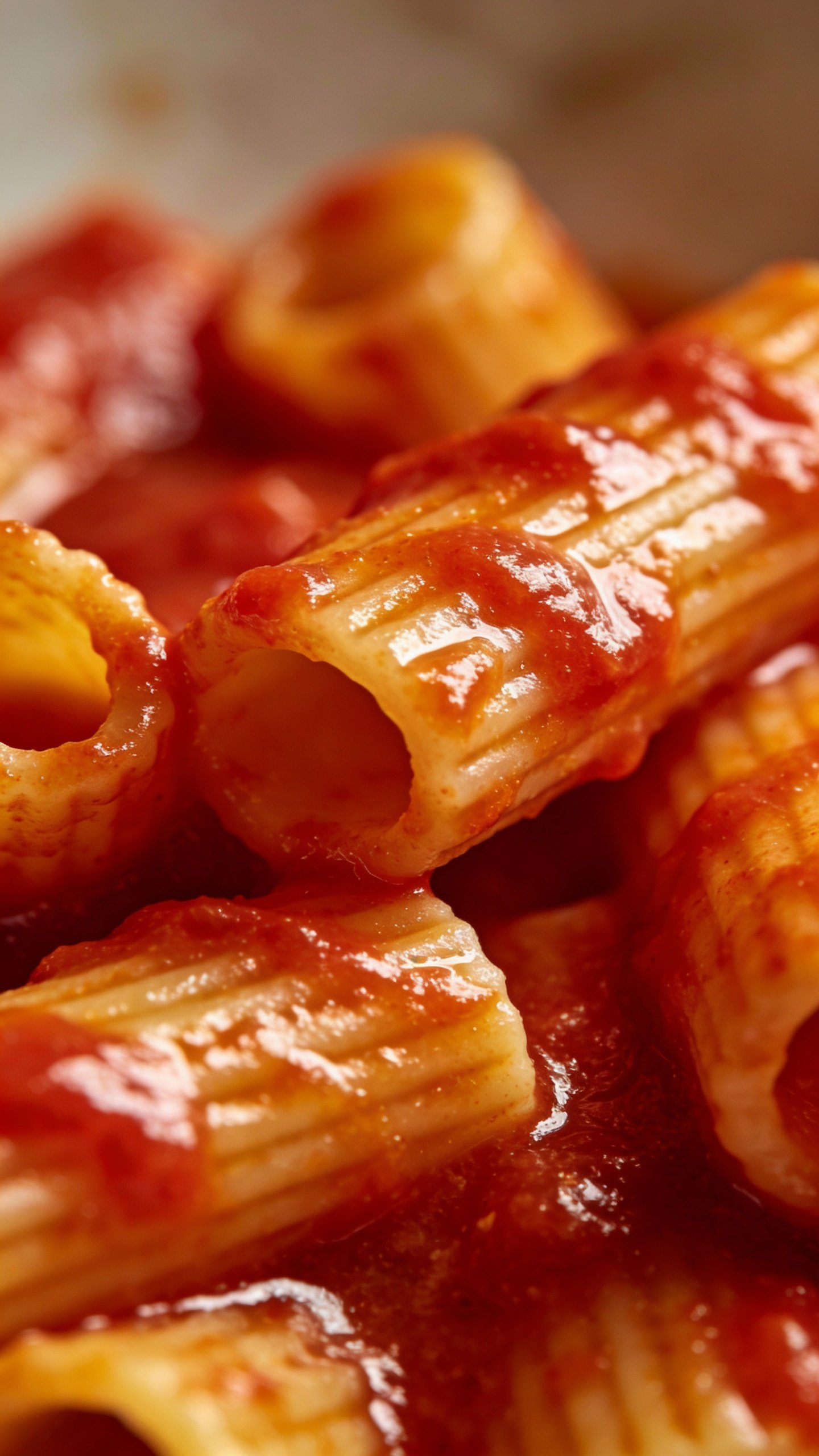 glossy silky tomato-starch pasta sauce coating rigatoni, macro shot