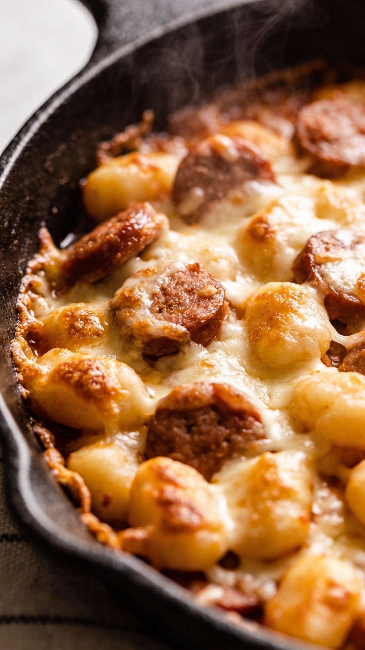 cast-iron skillet of bubbling Italian sausage gnocchi bake, closeup