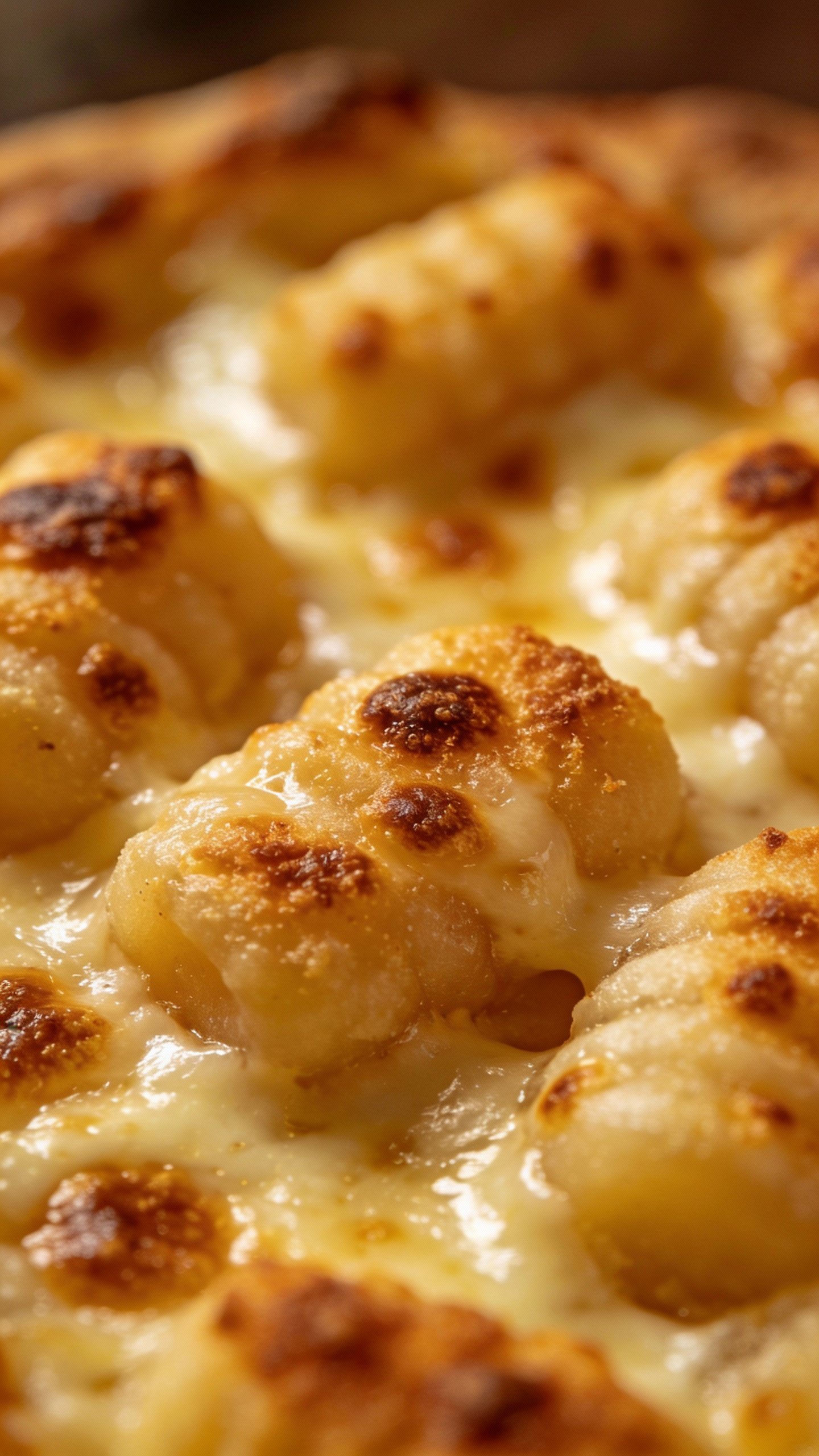 broiled cheesy gnocchi crust with browned spots, macro shot