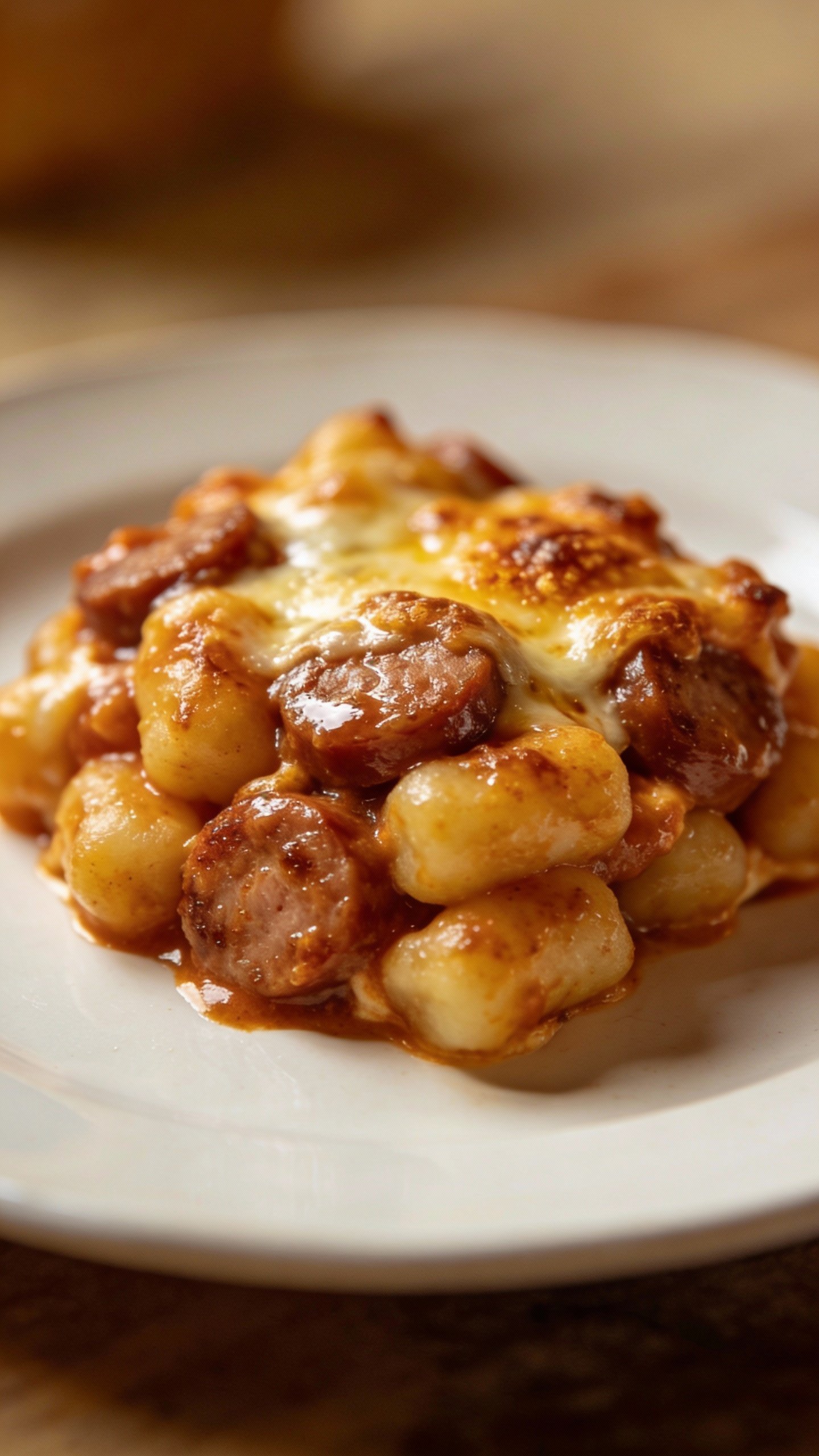 single serving of sausage gnocchi bake on white plate, closeup