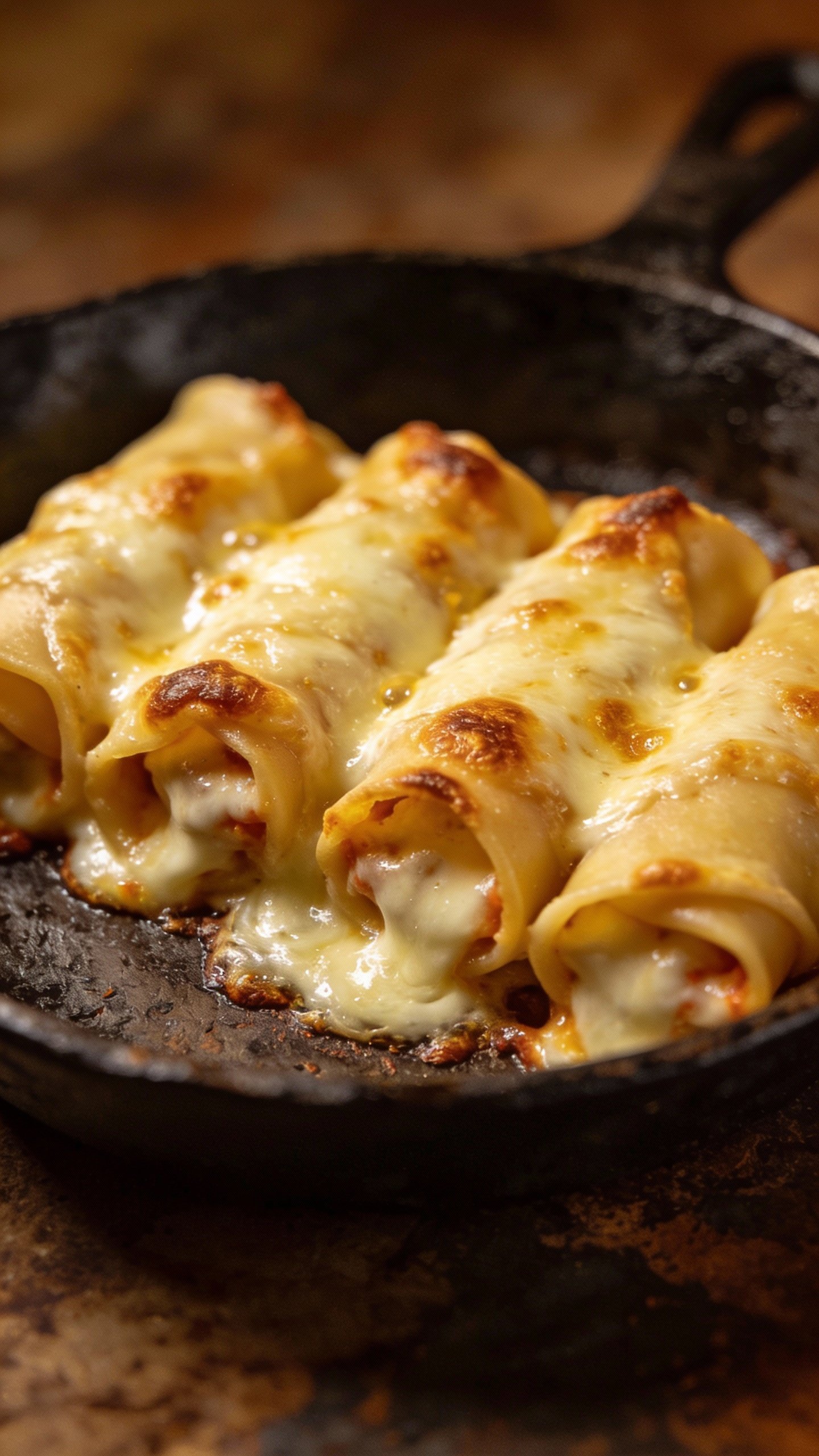 closeup baked four-cheese manicotti in cast-iron skillet