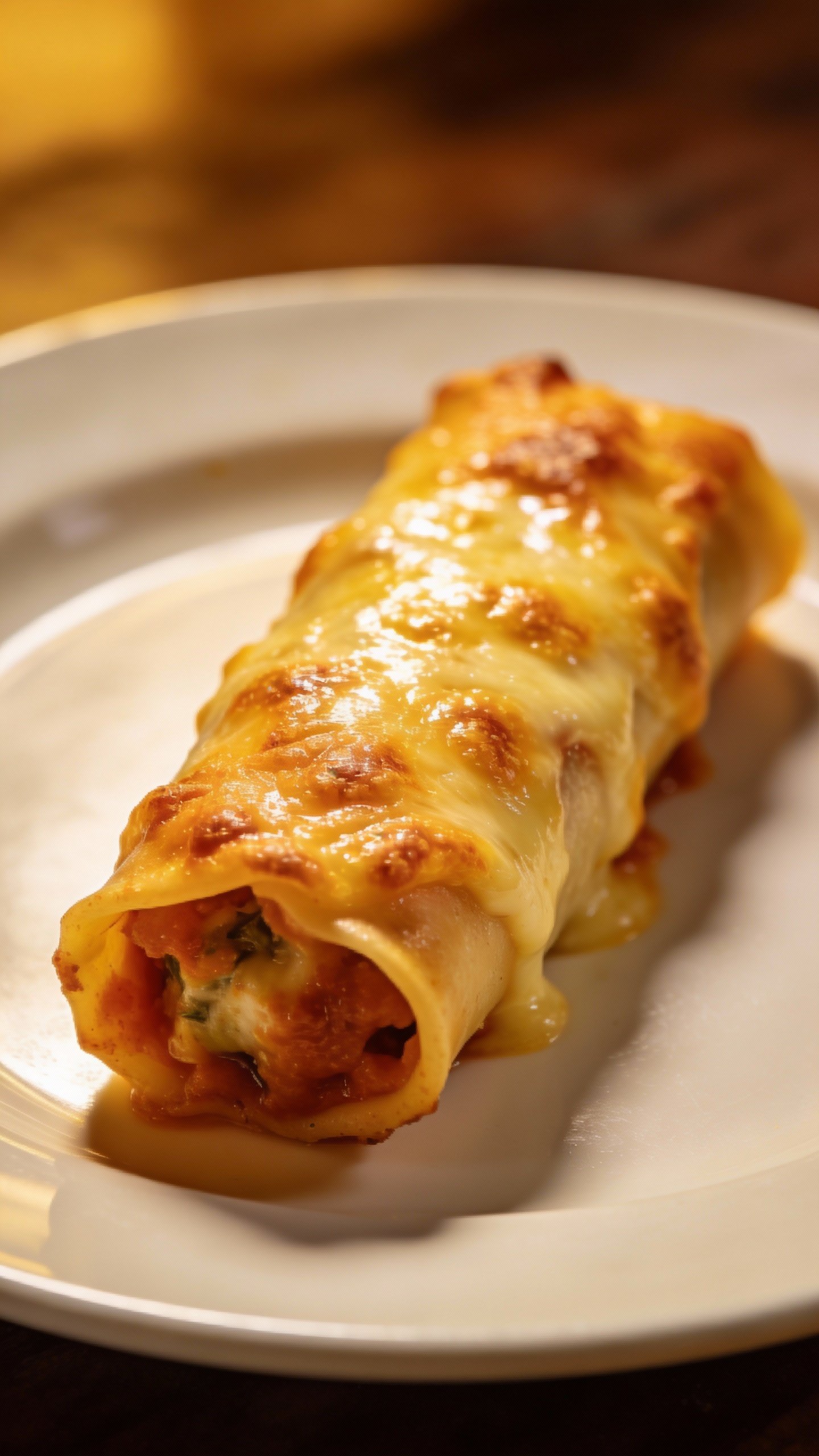 single stuffed manicotti on white plate, golden cheese crust