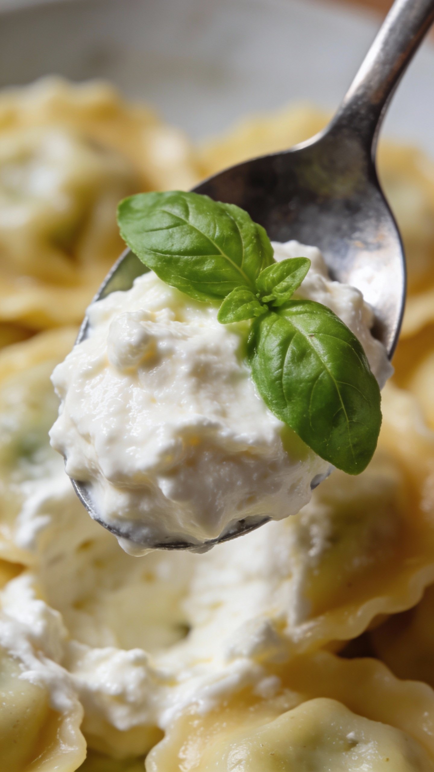 spoonful of ricotta-mozzarella filling, basil garnish, macro shot