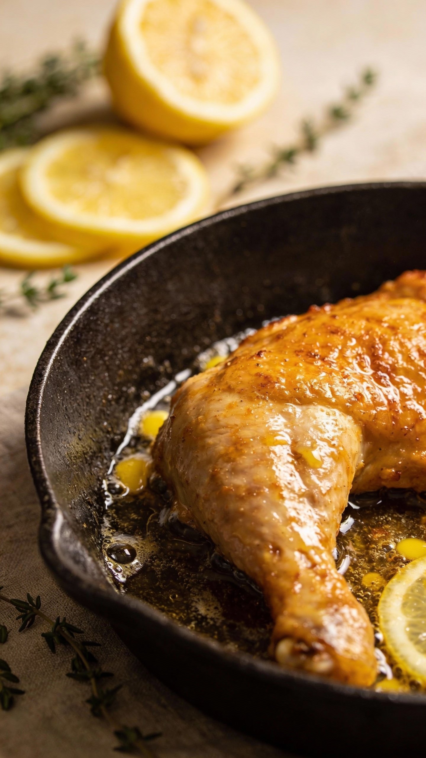 Golden-skinned chicken thigh in skillet with lemon pan sauce