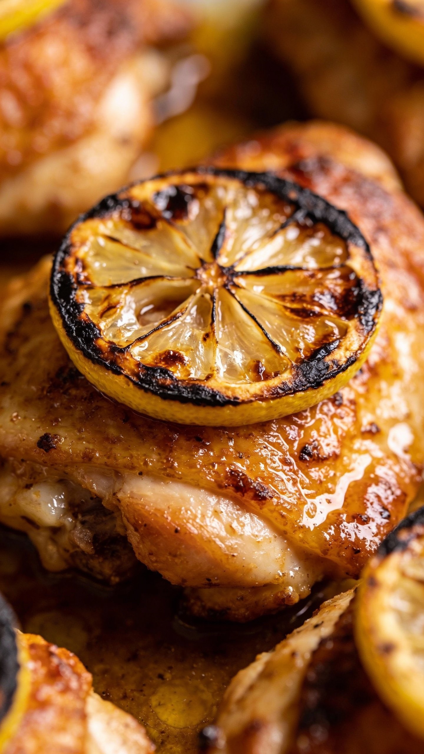 Closeup of seared chicken thigh topped with charred lemon slice