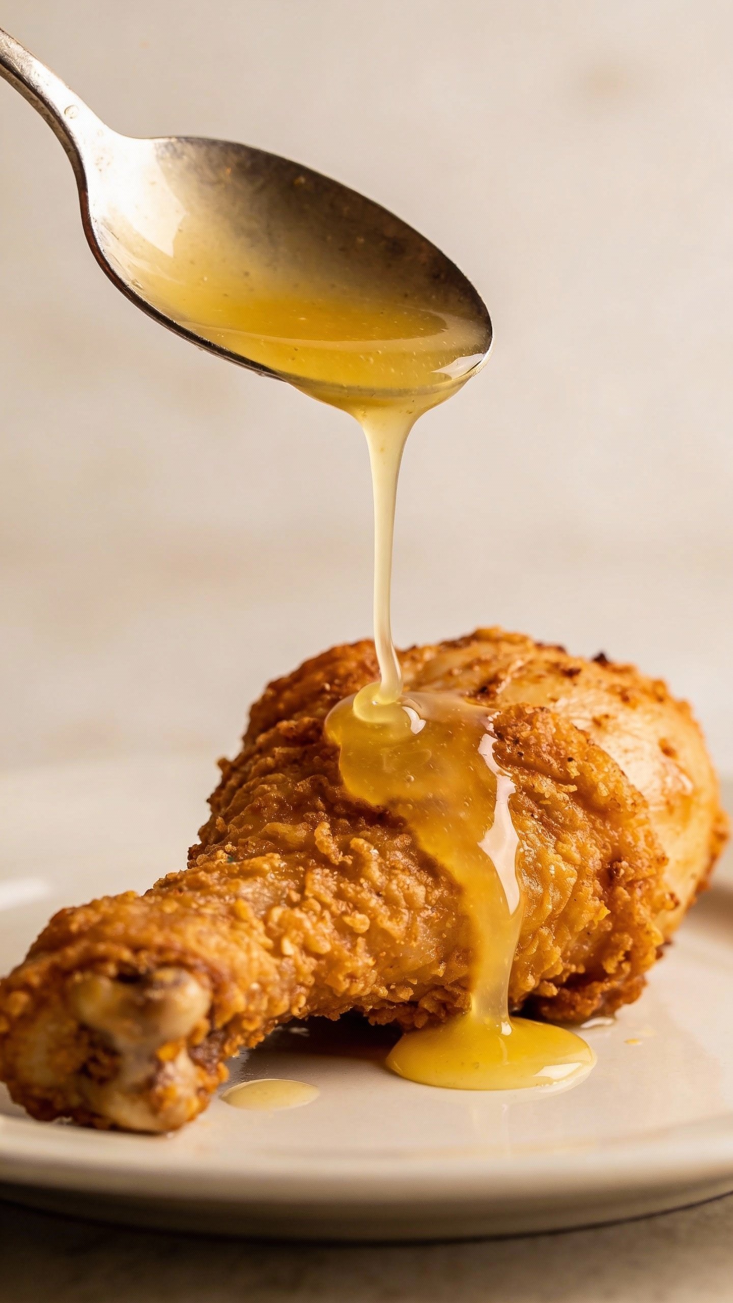 Spoon drizzling silky lemon-wine sauce over crispy chicken thigh