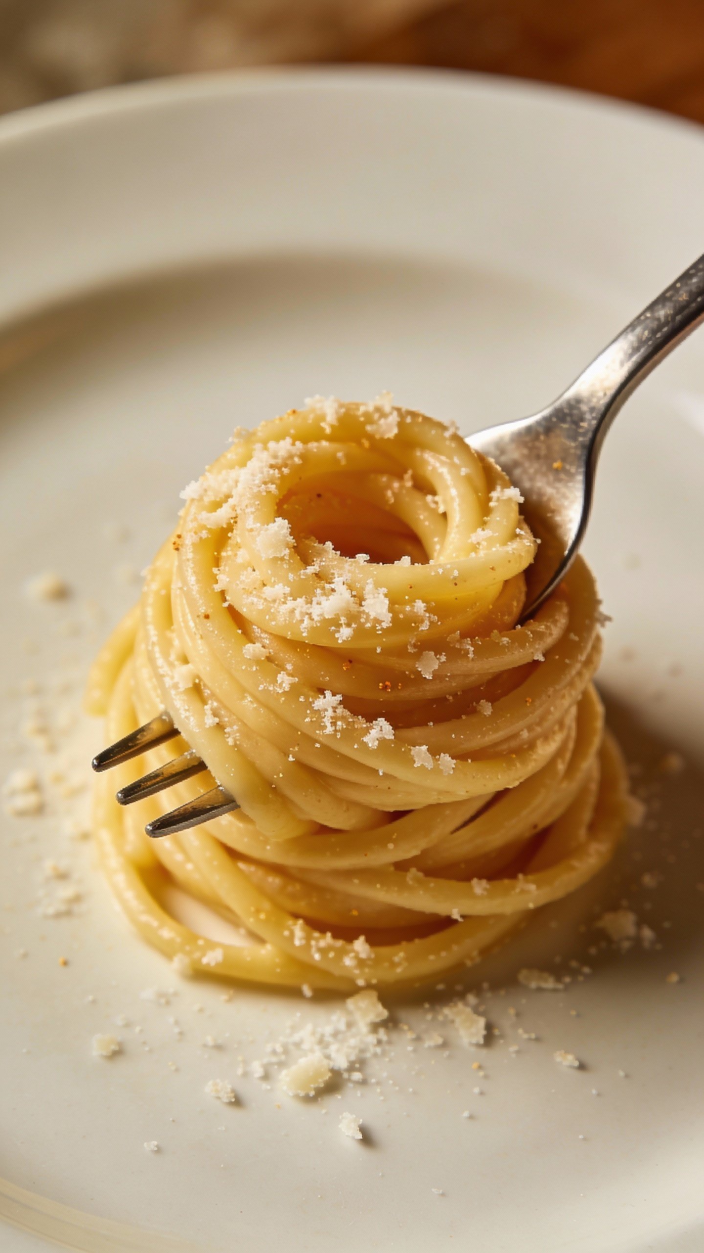 single fork twirl of parmesan pasta over white plate