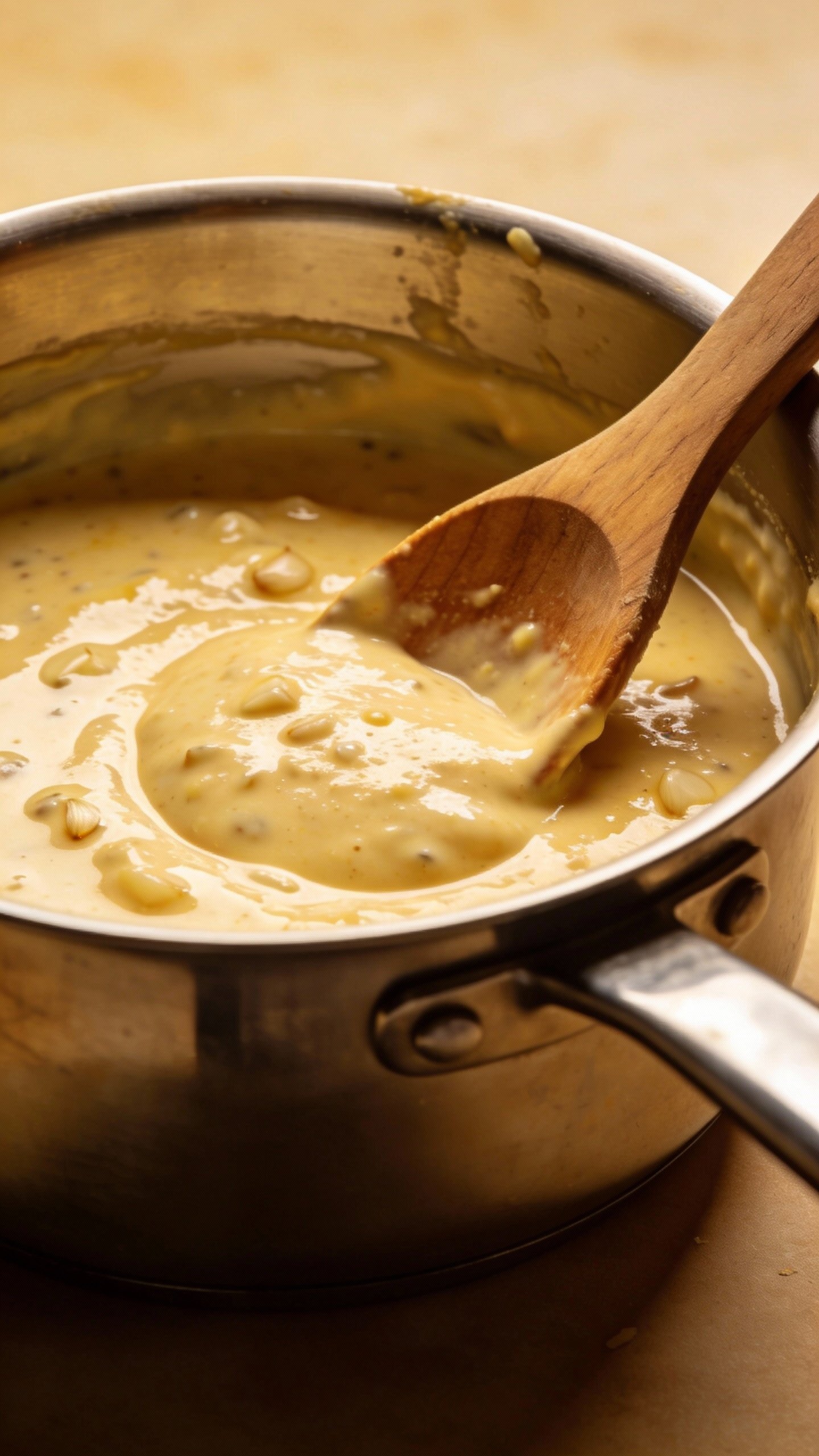 saucepan with glossy garlic parmesan sauce, wooden spoon stir