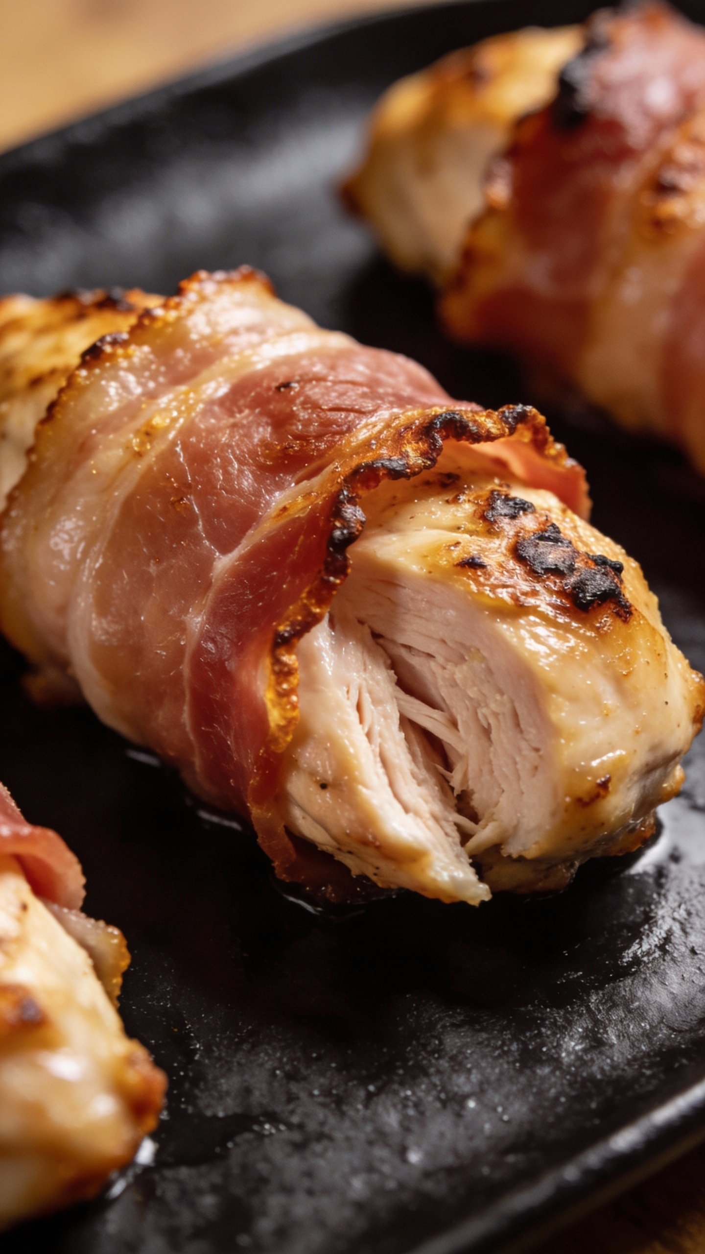 closeup prosciutto-wrapped chicken breast on matte black plate