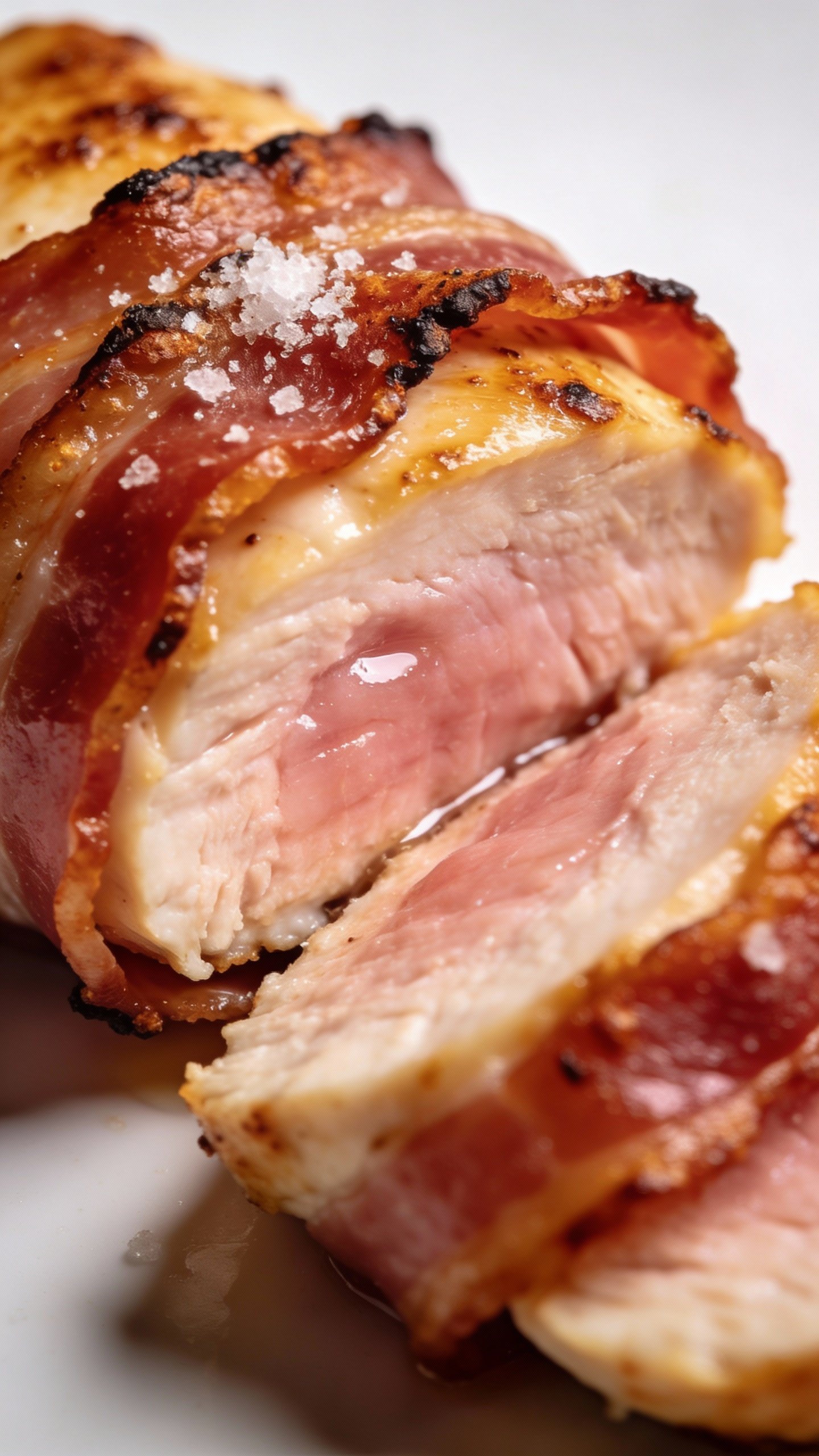 crispy prosciutto-wrapped chicken sliced to reveal juicy center