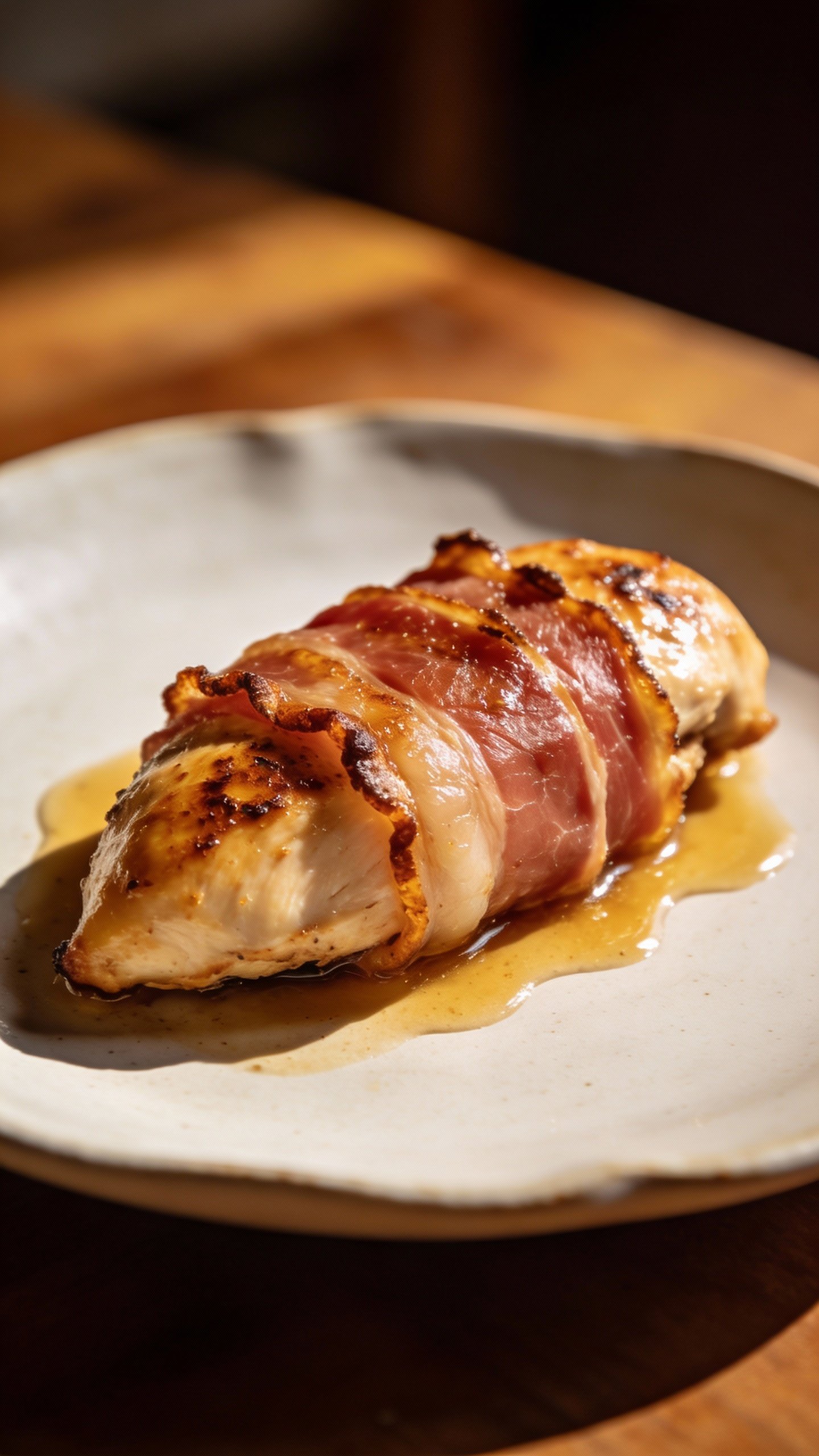 seared prosciutto-wrapped chicken breast with glossy pan juices