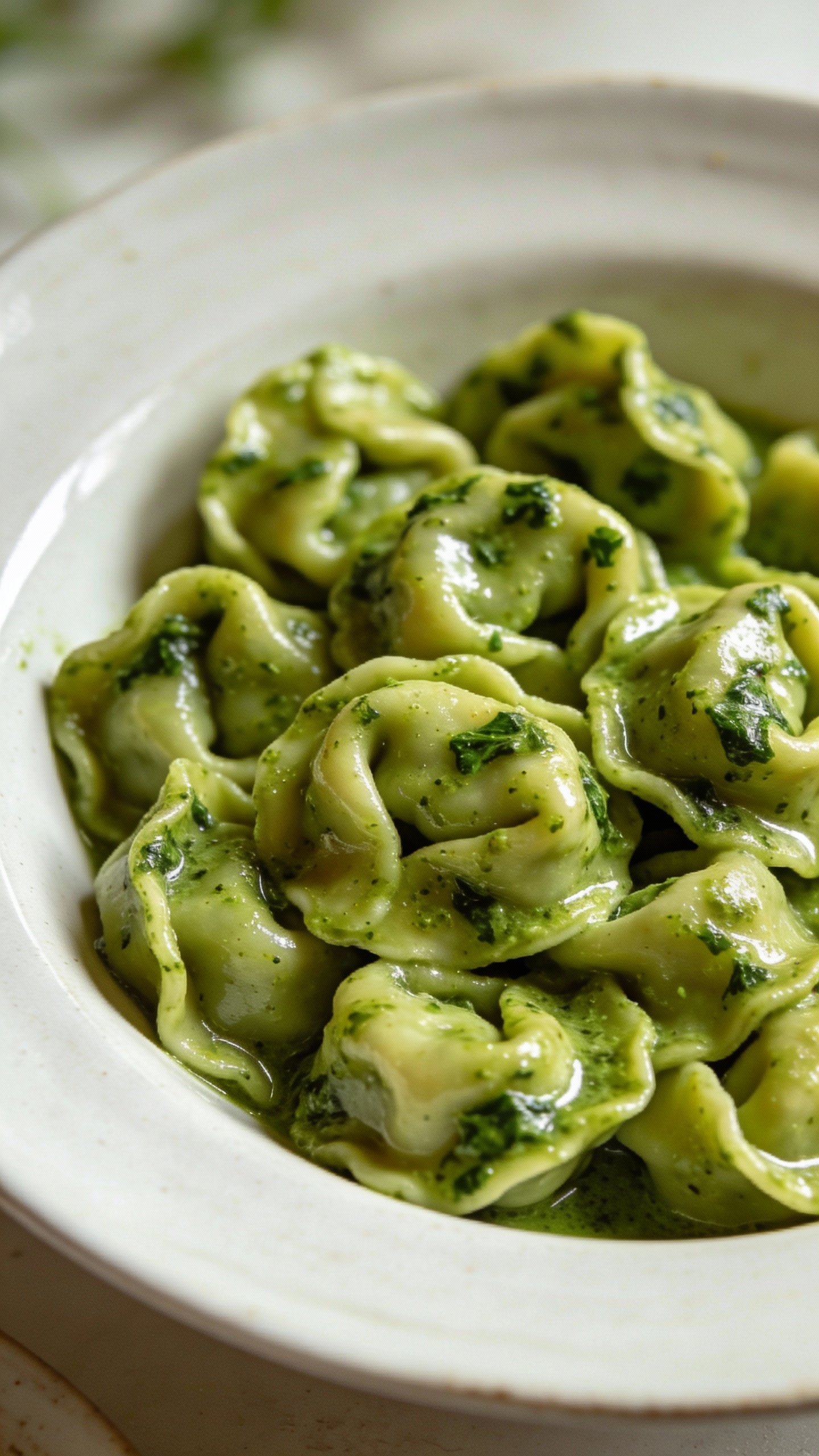 closeup bowl of spinach pesto tortellini on white ceramic plate