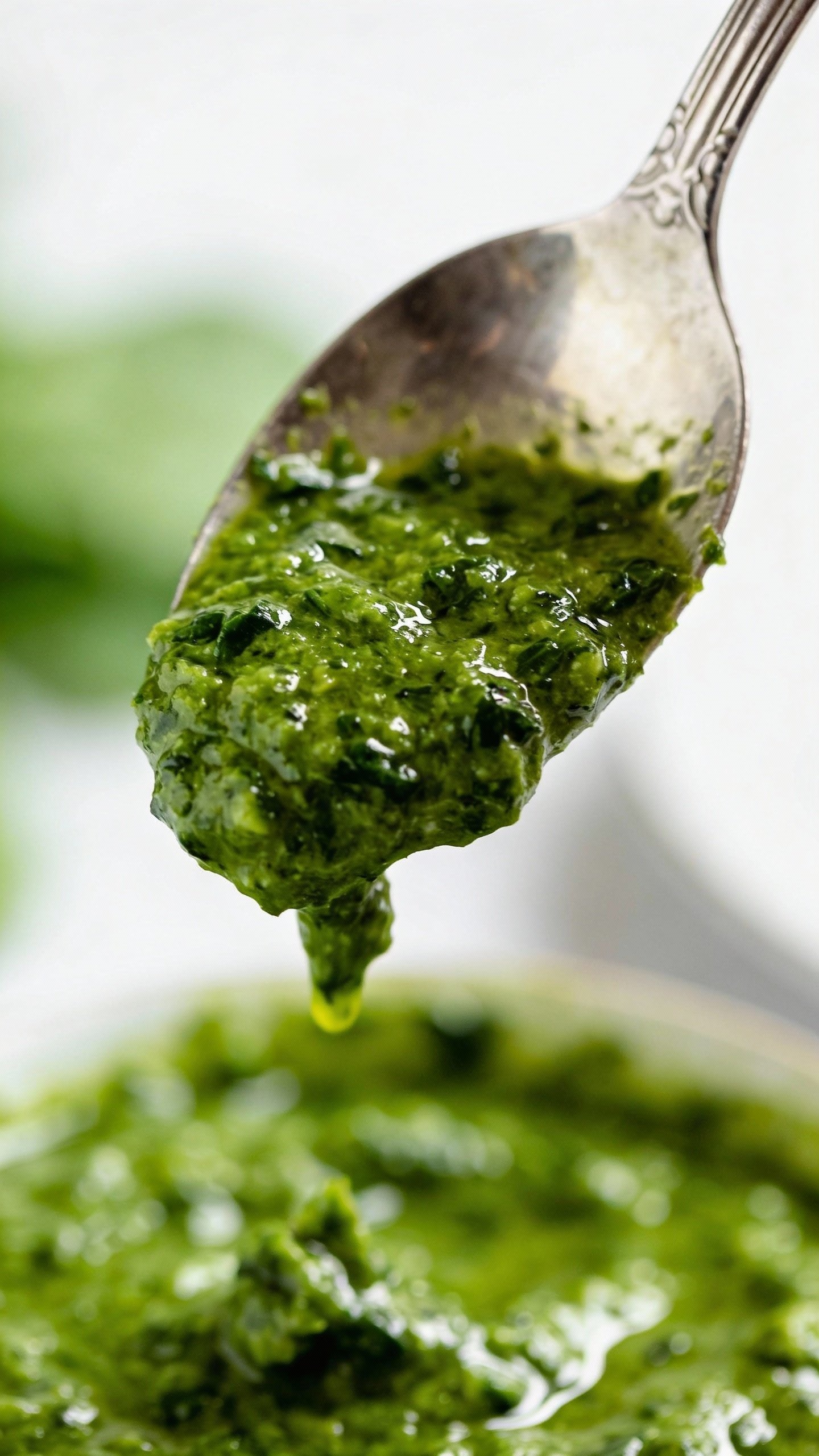 spoonful of vibrant spinach pesto dripping from silver spoon