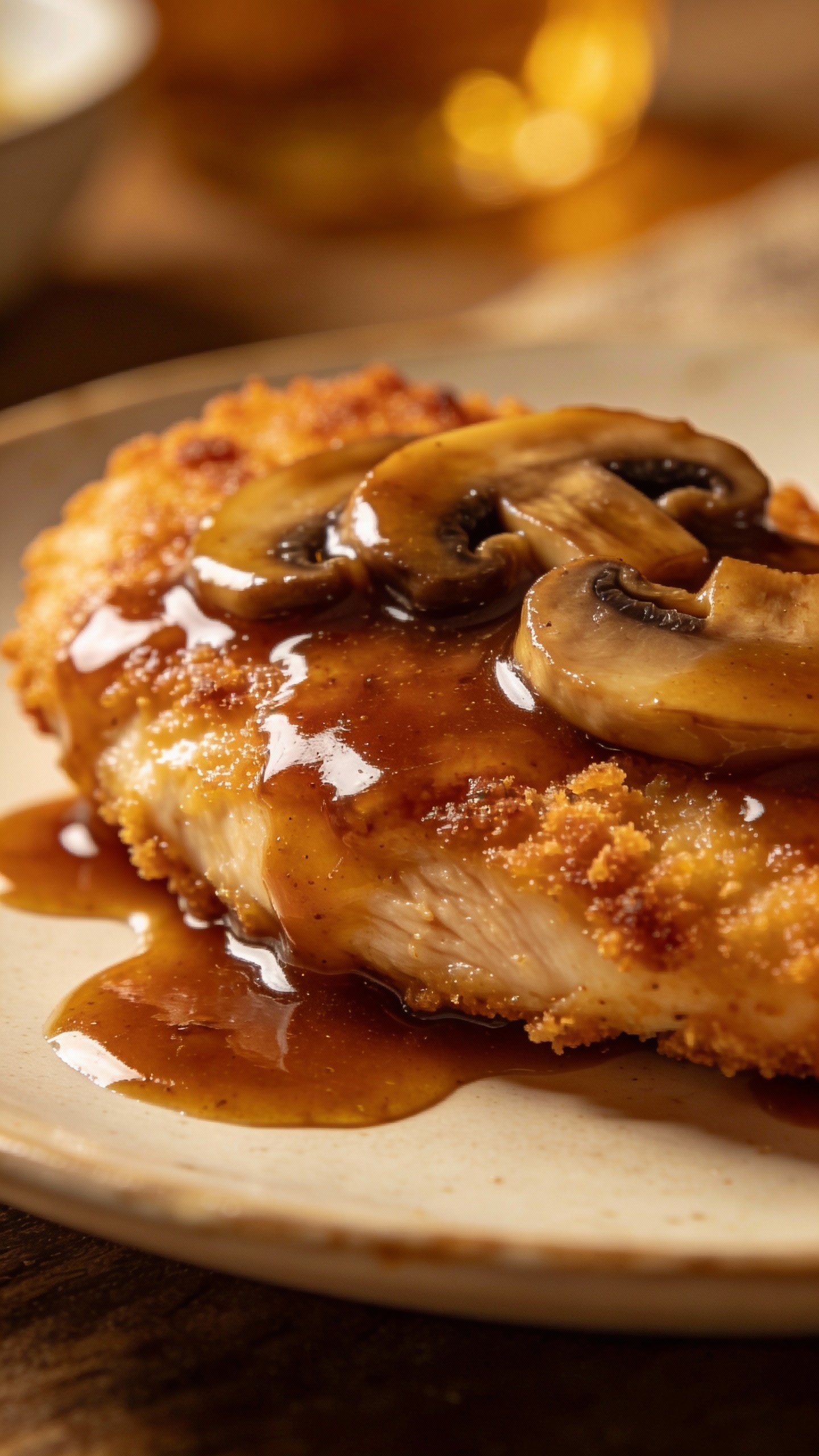 closeup chicken marsala cutlet with glossy Marsala wine sauce