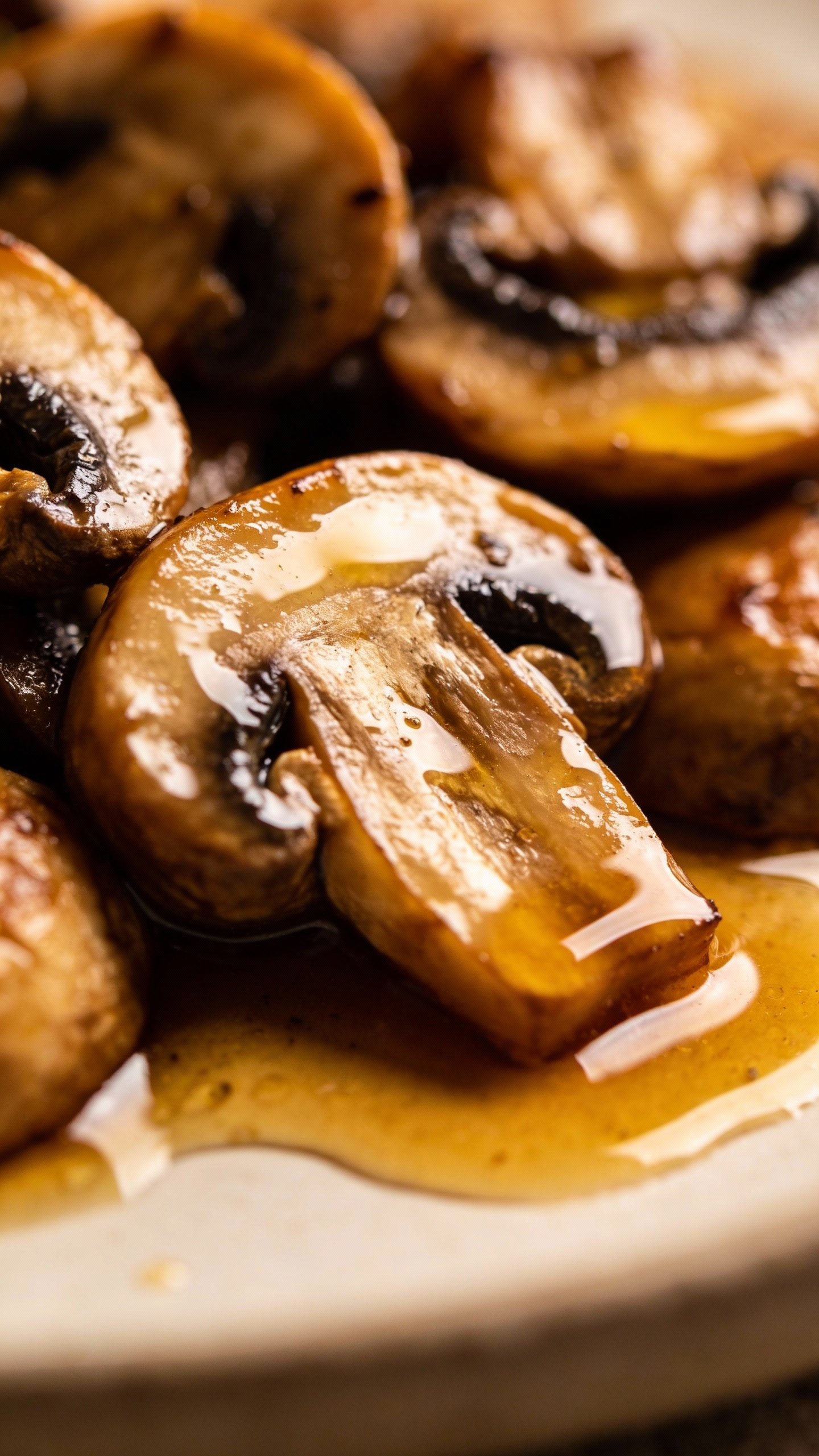 buttery cremini mushrooms sautéed in Marsala, shallow depth of field