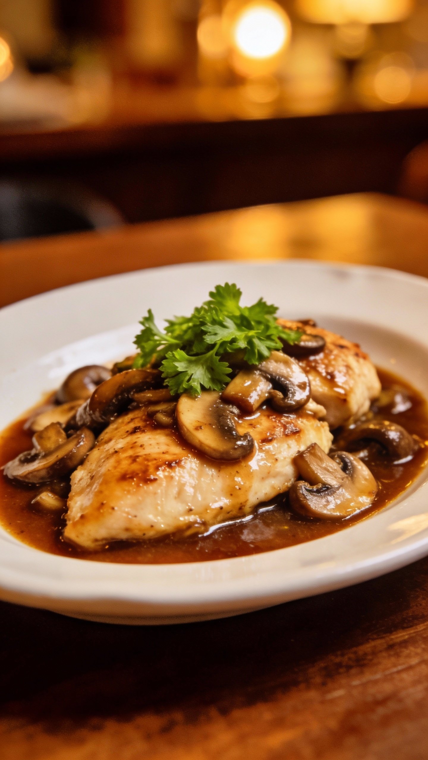 single plate of chicken marsala garnished with parsley, restaurant lighting