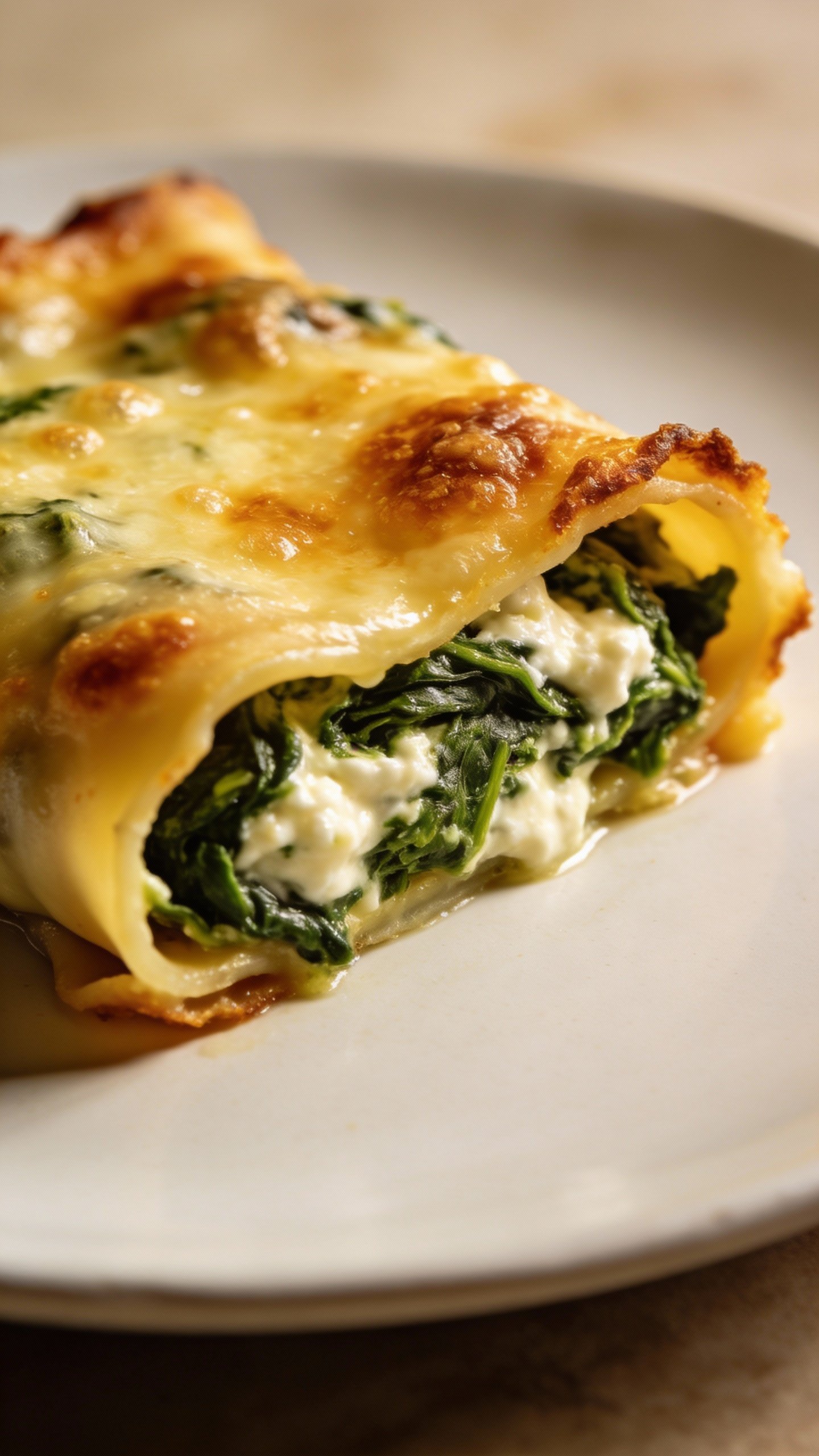 Closeup of baked spinach ricotta cannelloni slice on white plate