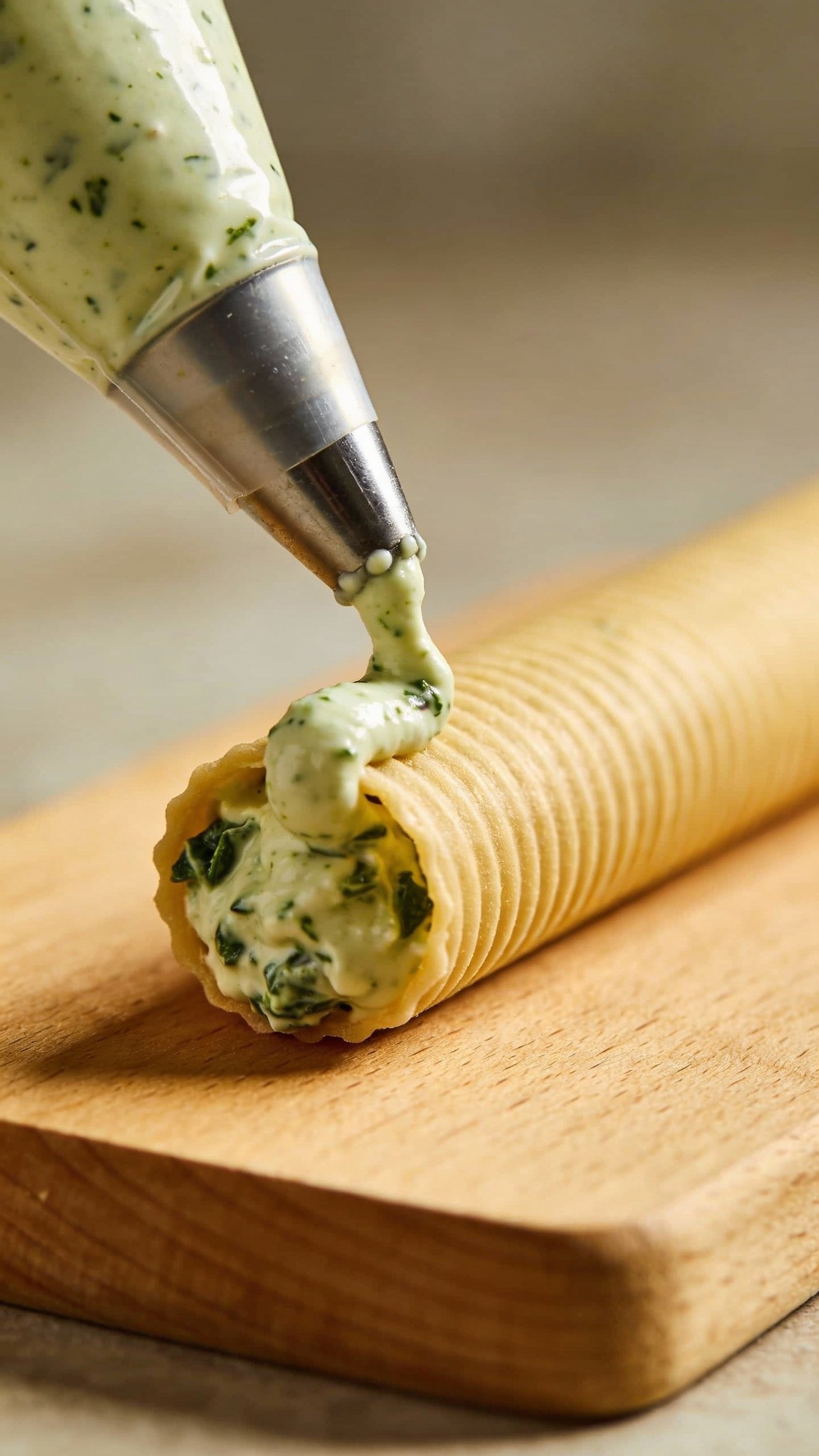 Piping ricotta-spinach filling into a single cannelloni tube