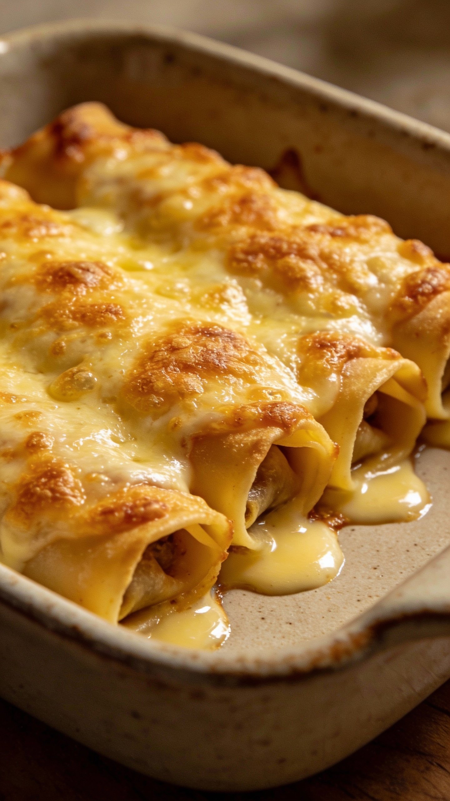 Golden bubbly cheese crust on cannelloni in ceramic dish