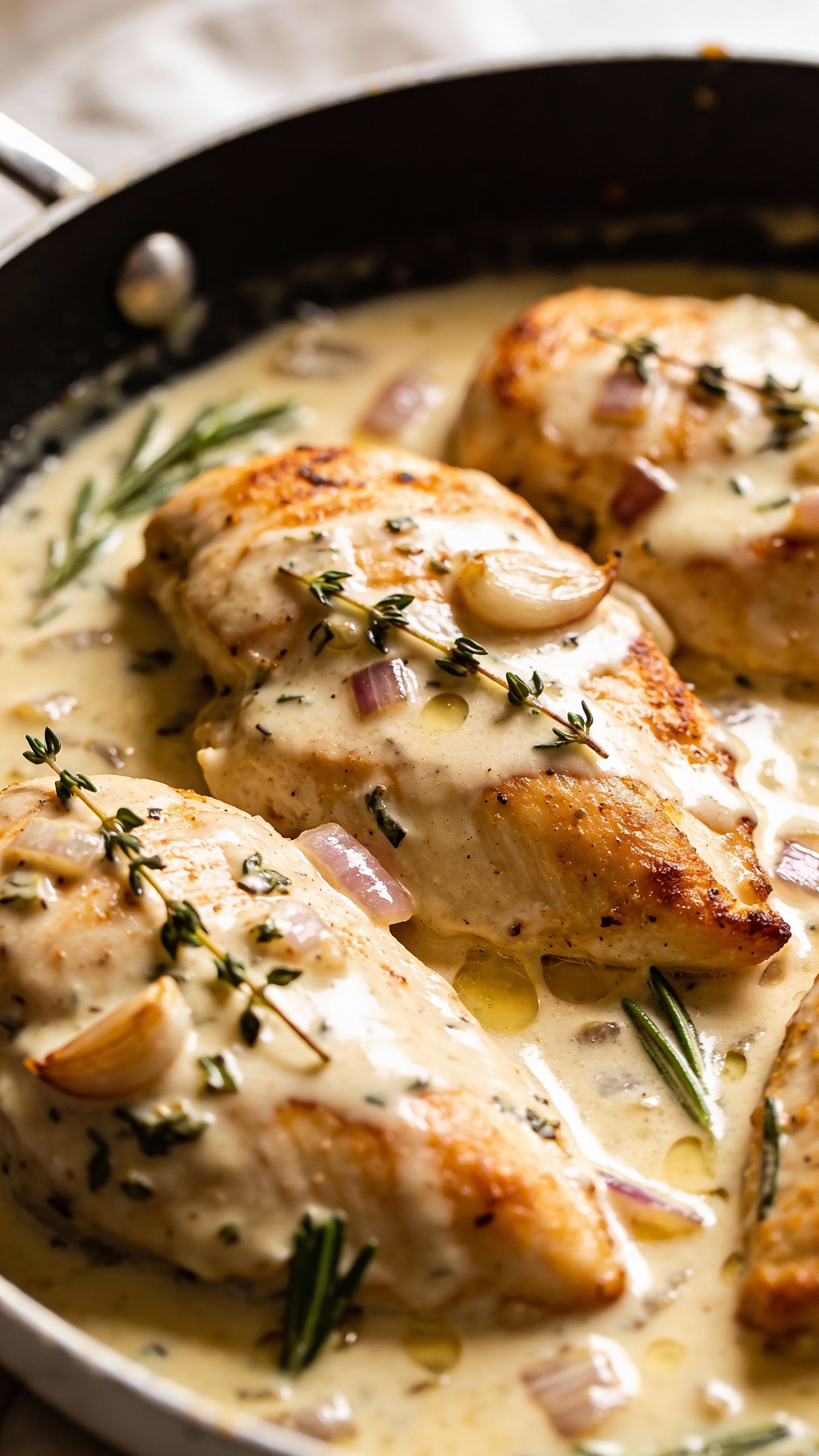 closeup of Tuscan white wine chicken breast in skillet sauce