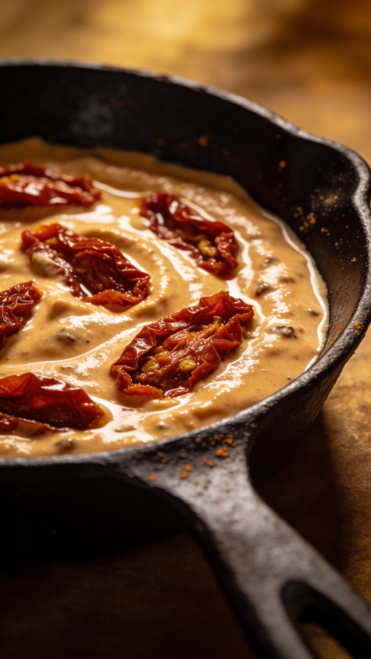 single cast-iron skillet with creamy sun-dried tomato sauce
