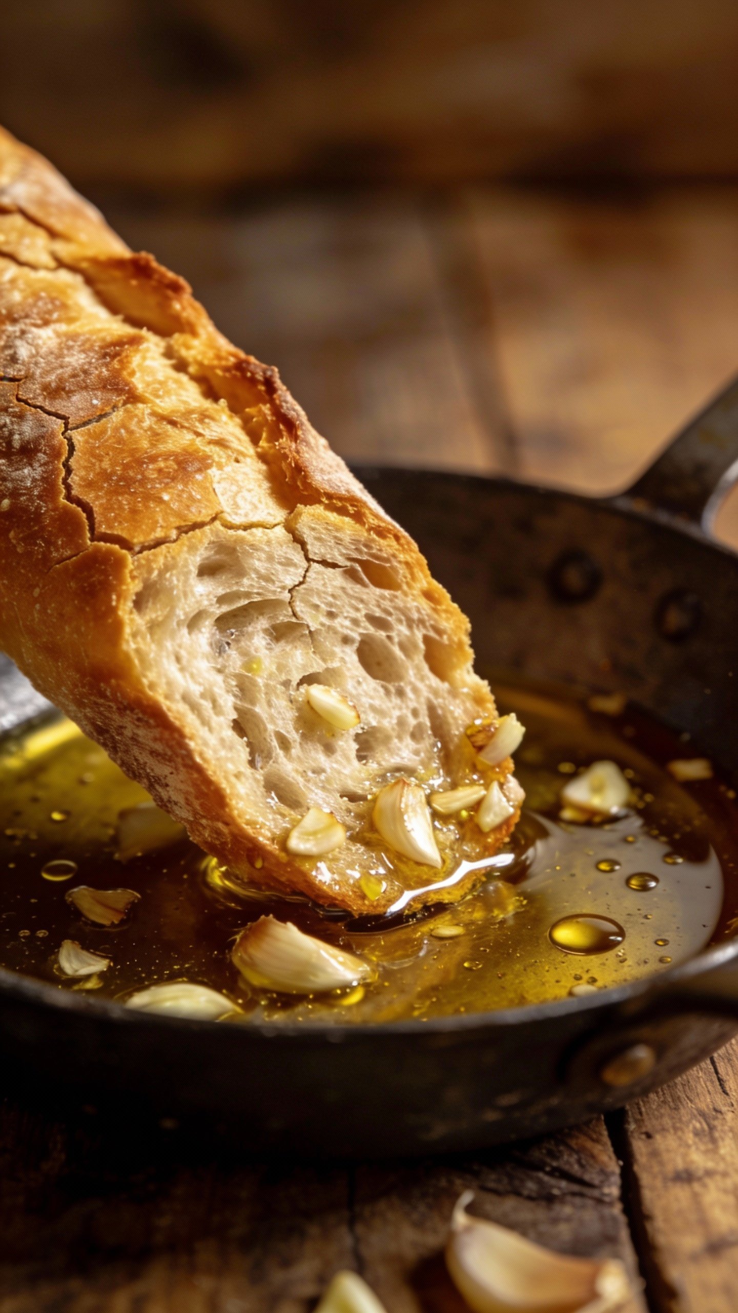 closeup of crusty bread slice dipped in garlicky pan sauce