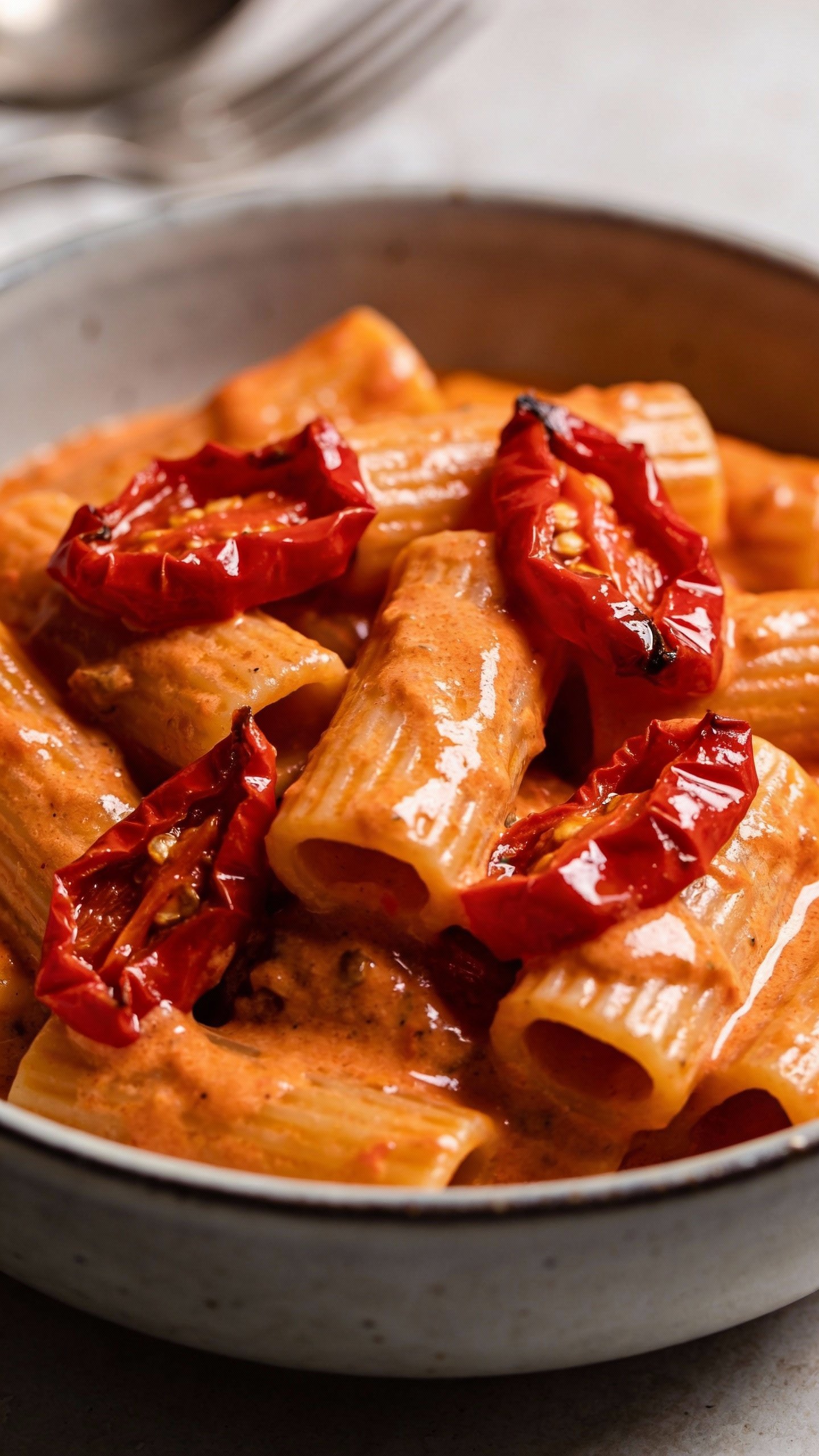 closeup bowl of rigatoni in creamy roasted red pepper sauce
