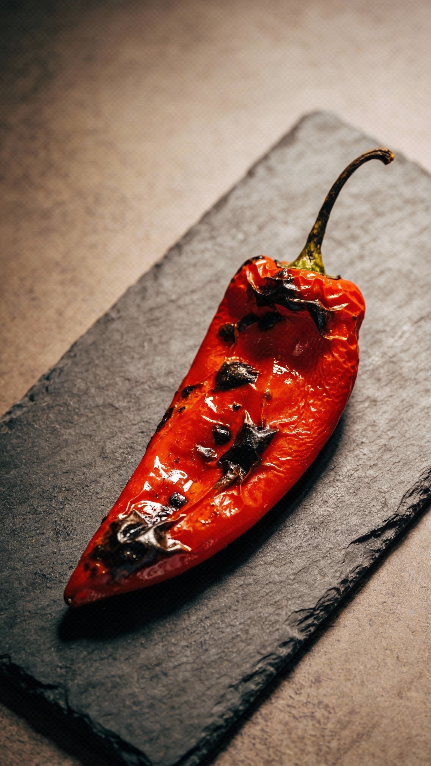 overhead shot of single charred roasted red pepper on slate board