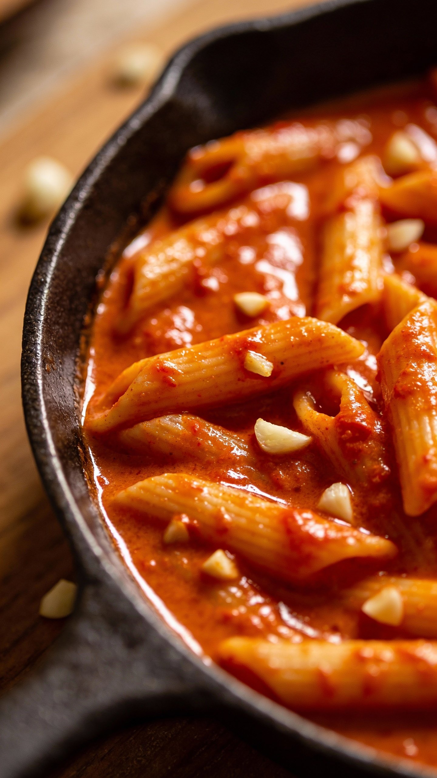 skillet of creamy red pepper pasta sauce with visible garlic flecks