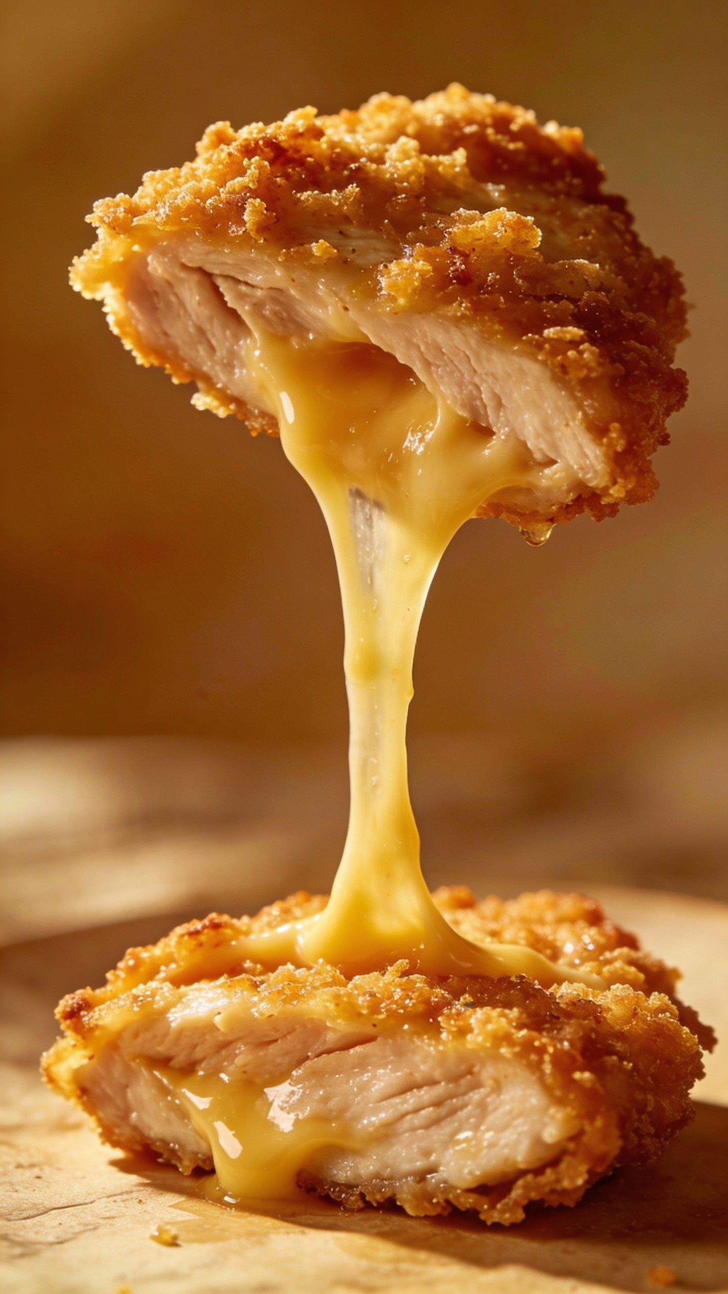 single sliced chicken cutlet with dramatic cheese stretch, macro