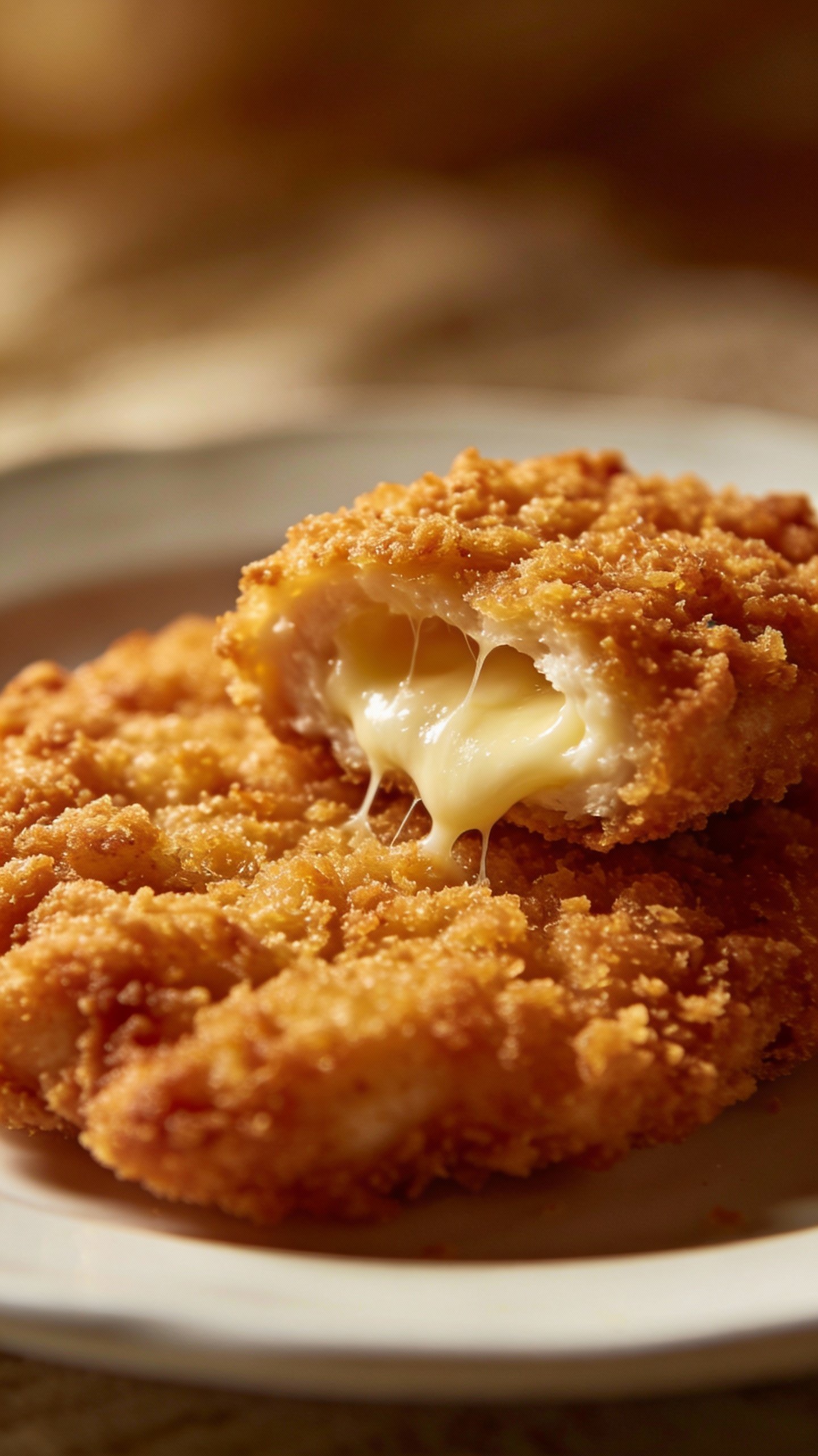 crispy breaded chicken cutlet on white plate, gooey mozzarella center