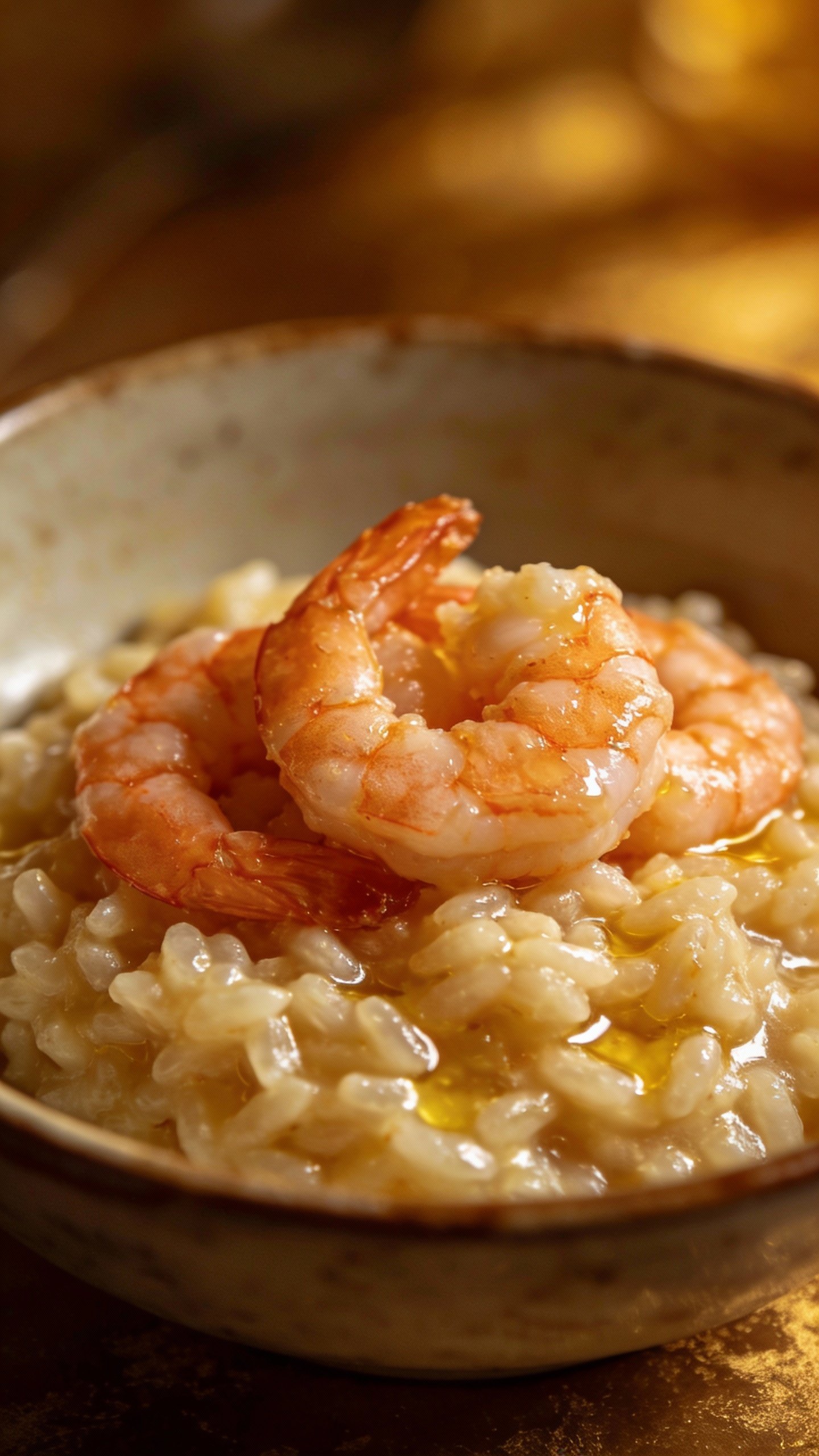 closeup bowl of garlic butter shrimp risotto, glossy finish