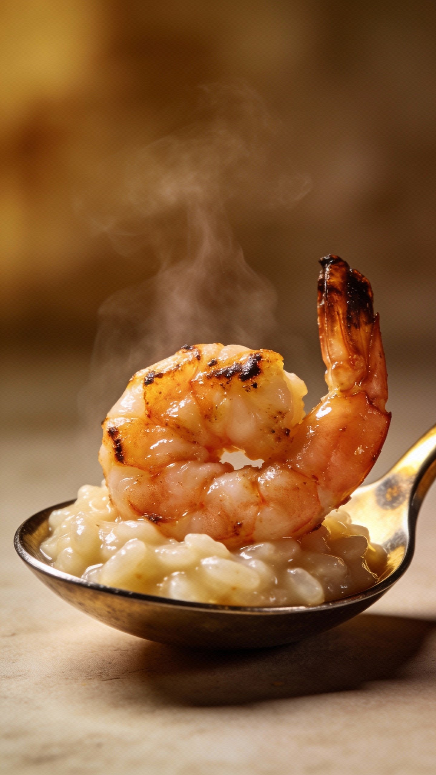 single seared shrimp on creamy risotto spoon, steam rising