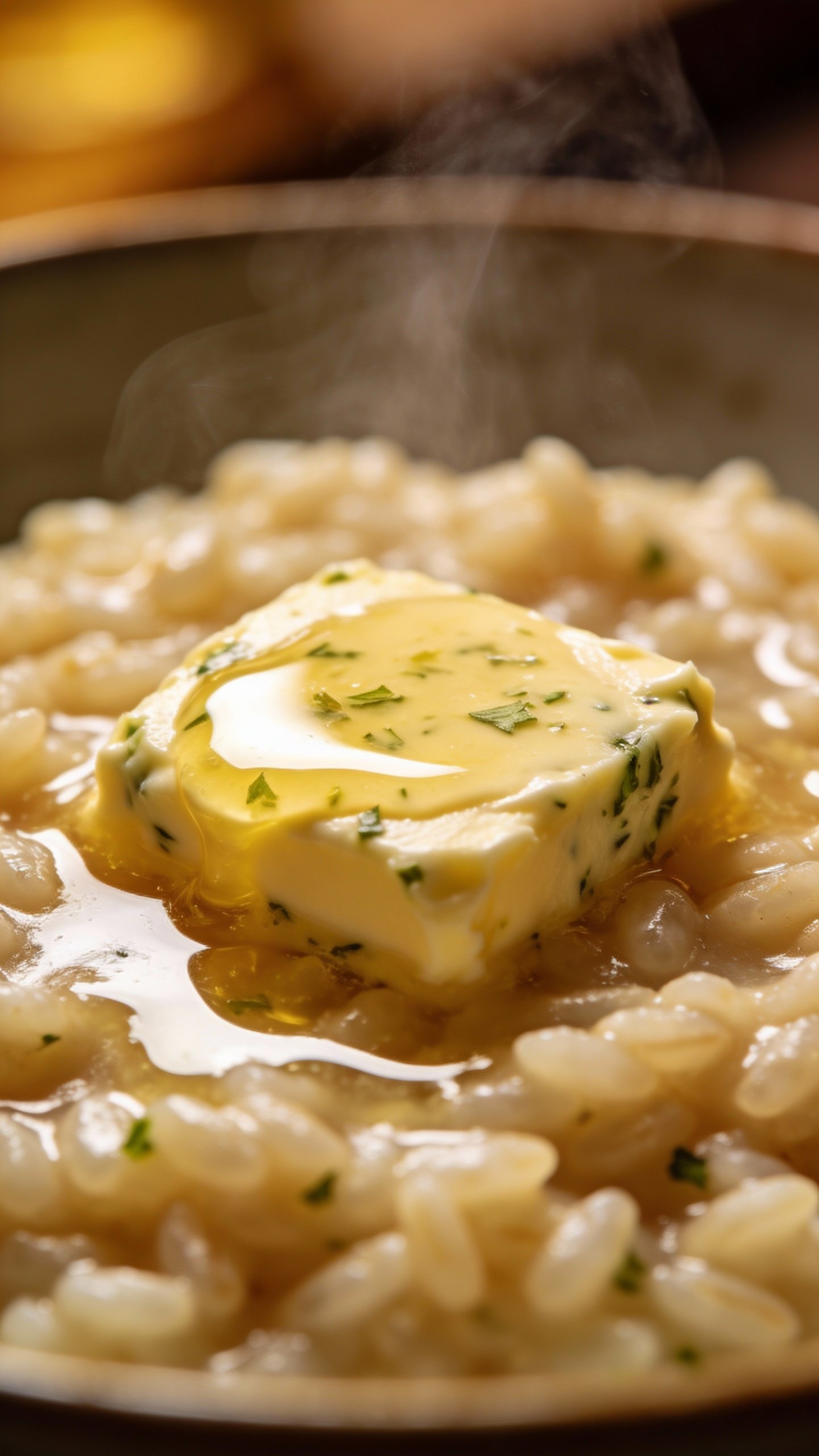 pat of melting garlic herb butter on hot risotto