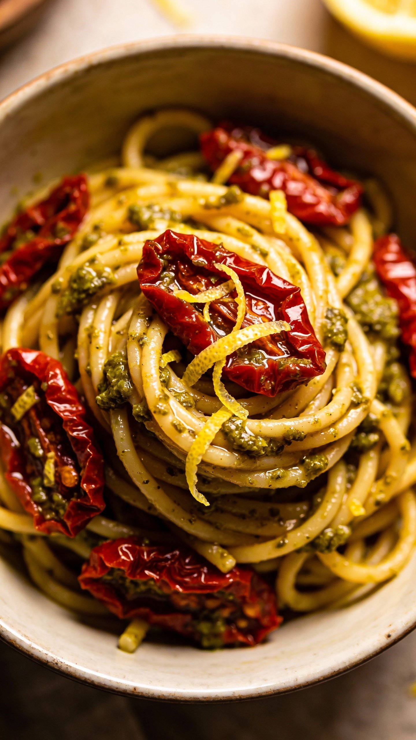 closeup bowl of sun-dried tomato pesto pasta with lemon zest