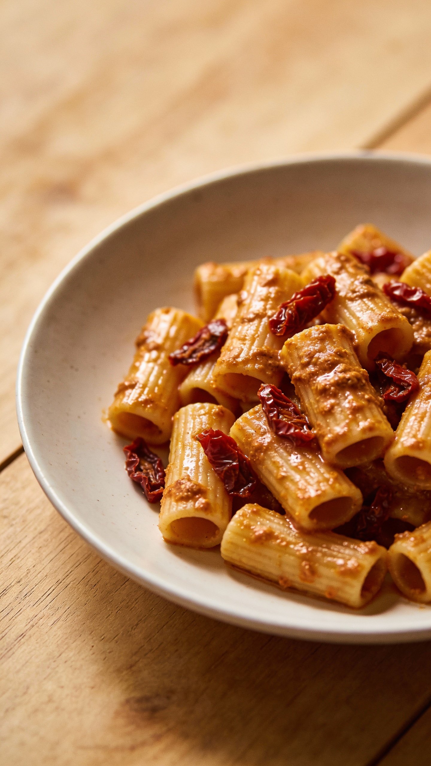 single plate of rigatoni tossed in sun-dried tomato pesto