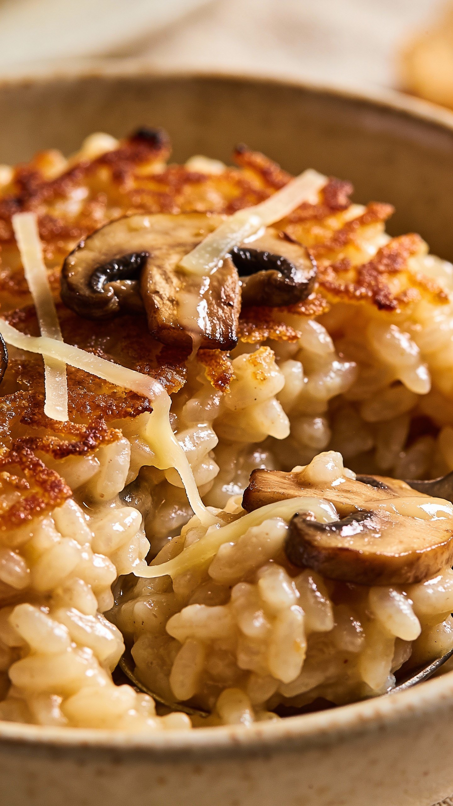 closeup bowl of roasted mushroom risotto, crispy edges