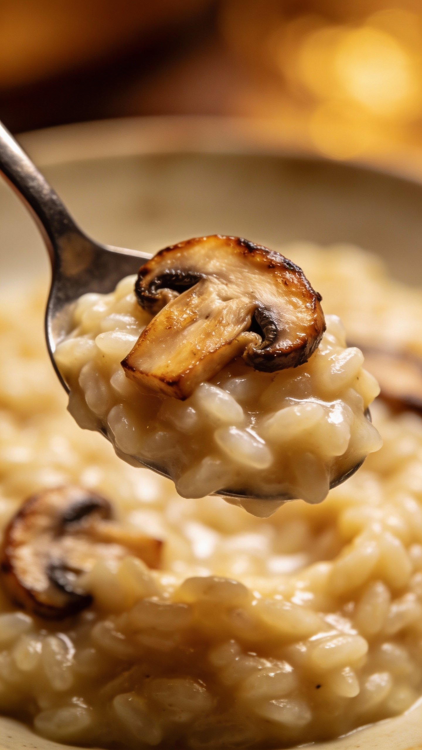 spoonful of creamy risotto with roasted mushroom slice