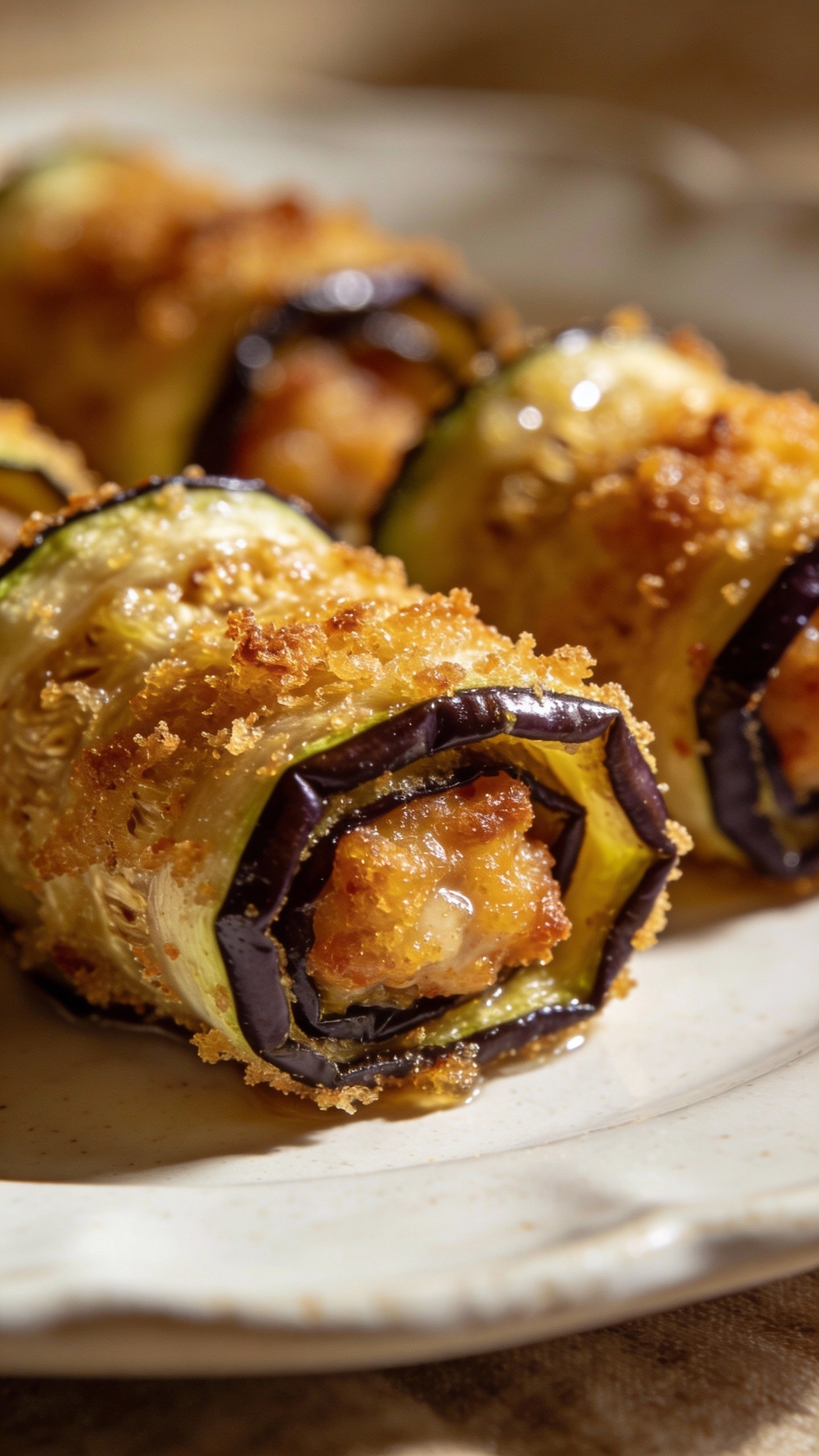 closeup of crispy eggplant rollatini on white ceramic plate