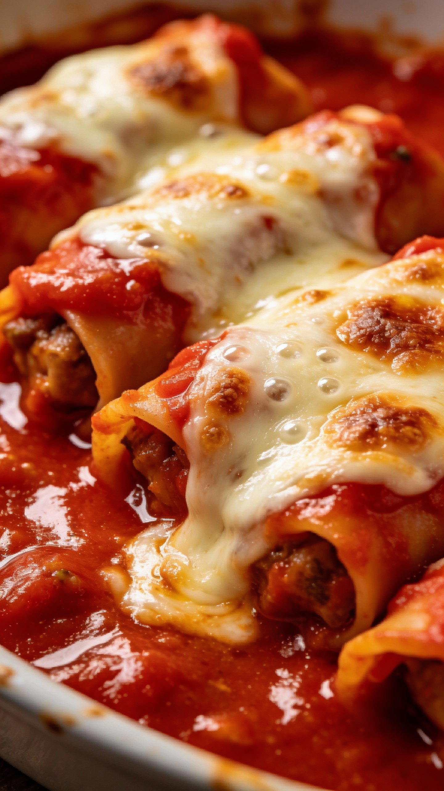 bubbling tomato-sauced rollatini with melted mozzarella, tight crop