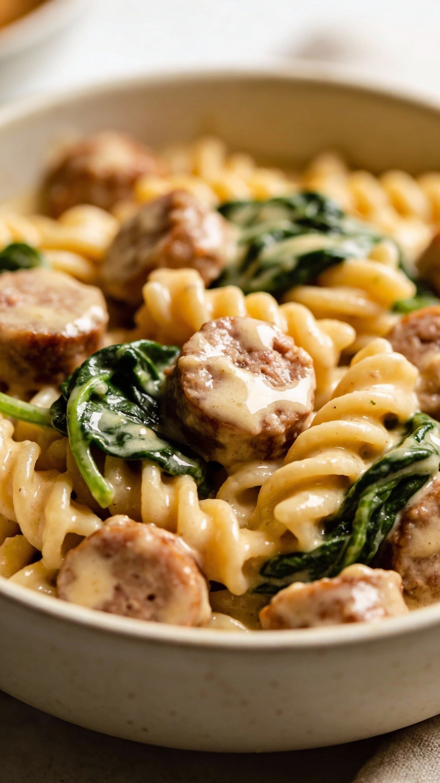 Closeup bowl of Italian sausage and spinach pasta, creamy sauce