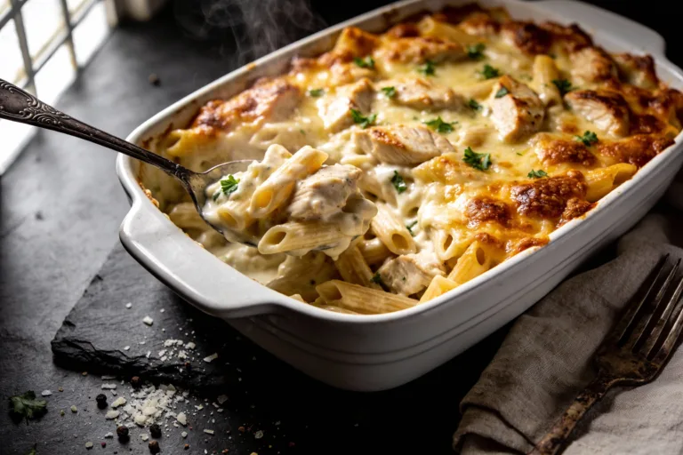 Baked Chicken Alfredo Casserole with Crispy Cheese Top