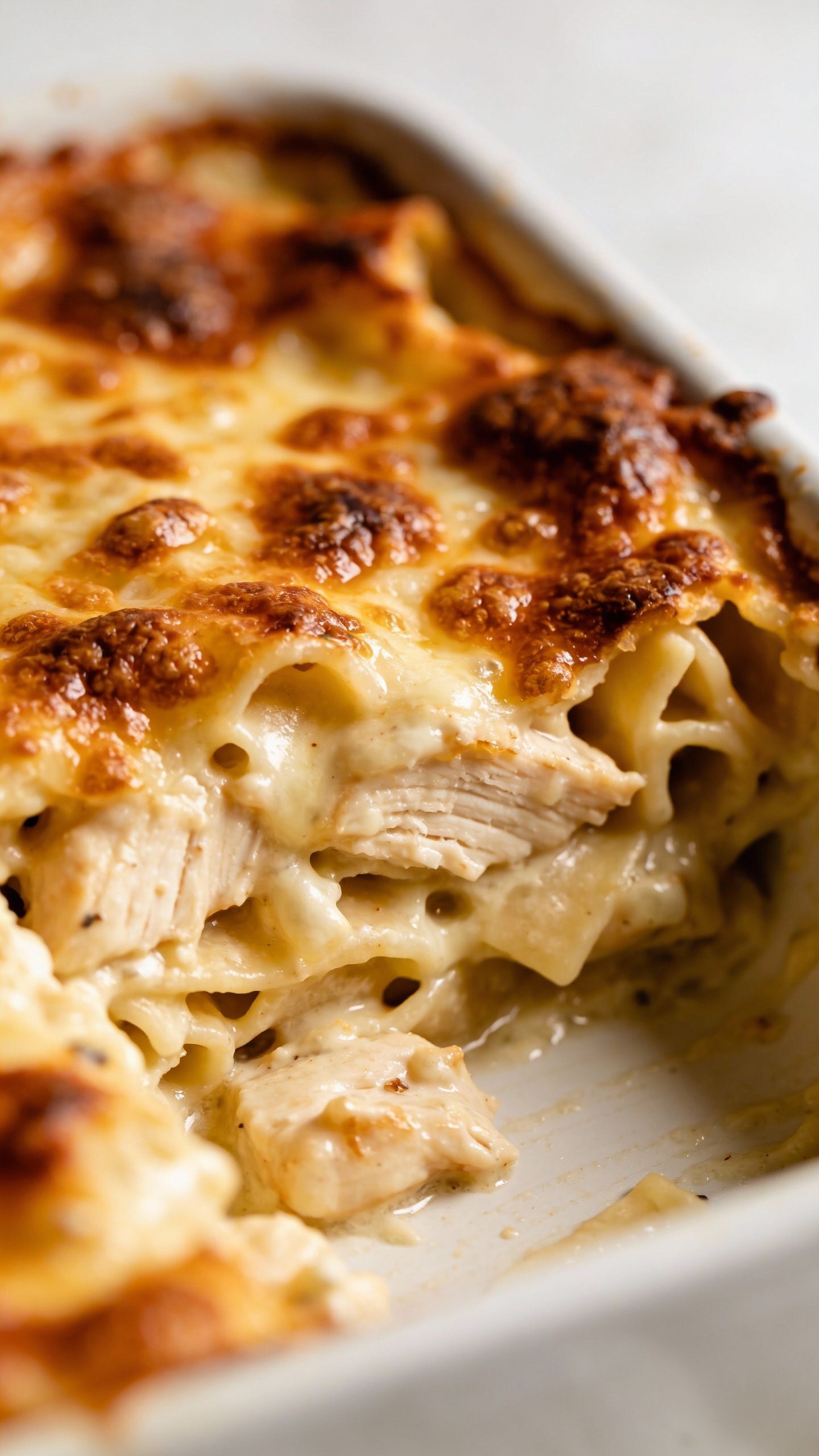 closeup of baked chicken alfredo casserole with crispy cheese top